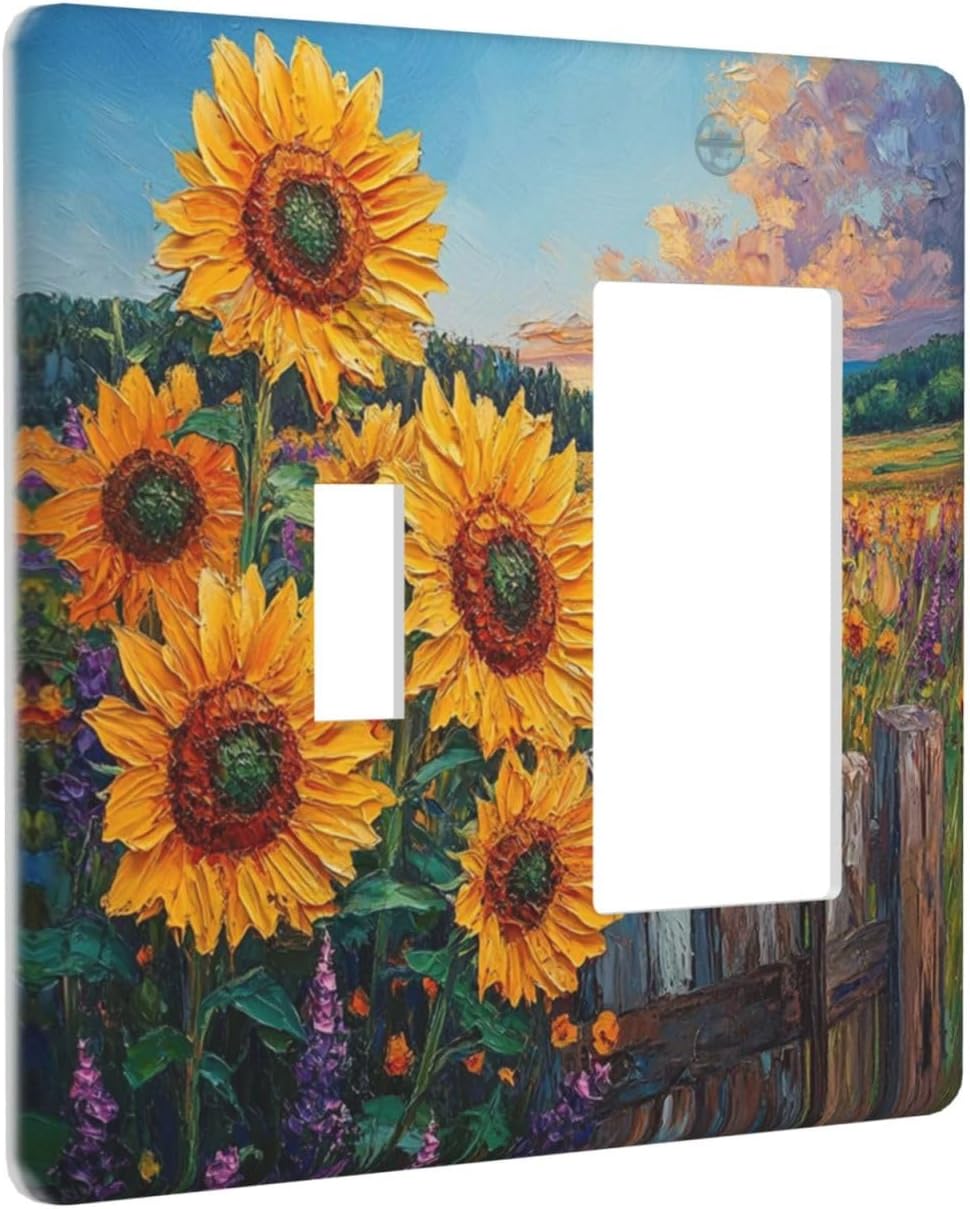 Decorative Outlet Covers Rustic Wilderness Sunflower Lavender Muzha Oil Painting 2 Gang 1 Gang Wall Plate Cover Single Toggle Rocker Combo Light Switch Cover Plate