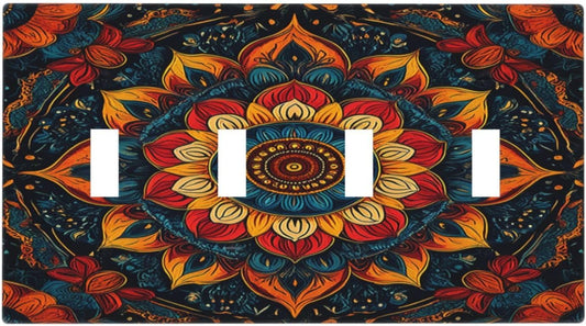 Light Switch Cover Plate Boho Colorful Mandala Quad Toggle Wall Plates Decorative Switch Plates 4 Gang Outlet Covers Electrical Panel Cover Faceplate for Home Decor 4.5 X 8 IN