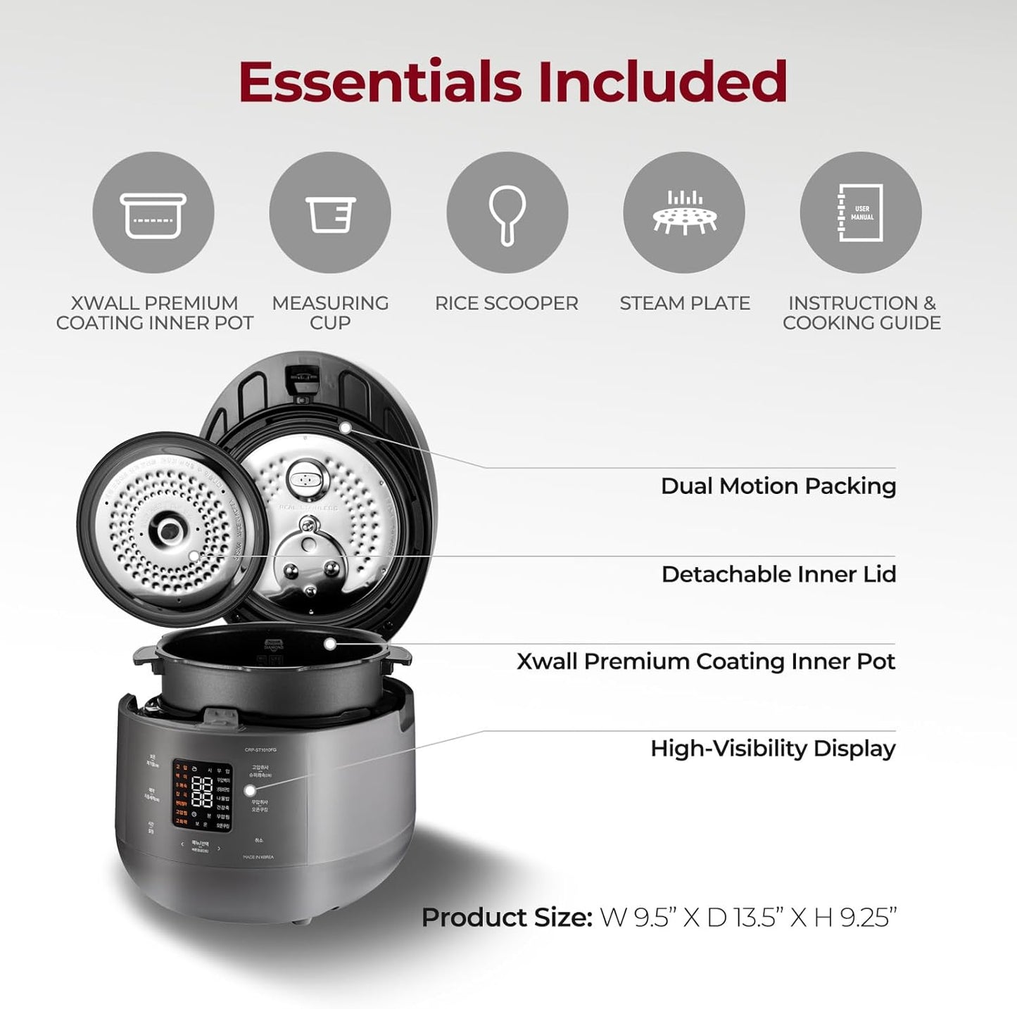 CUCKOO Twin Pressure Rice Cooker 6-Cup Uncooked / 12-Cup Cooked with Nonstick Inner Pot, Versatile Rice Maker & Warmer with 16 Menu Options, Open Cooking Mode, Voice Guide, Gray (CRP-ST0609FG)