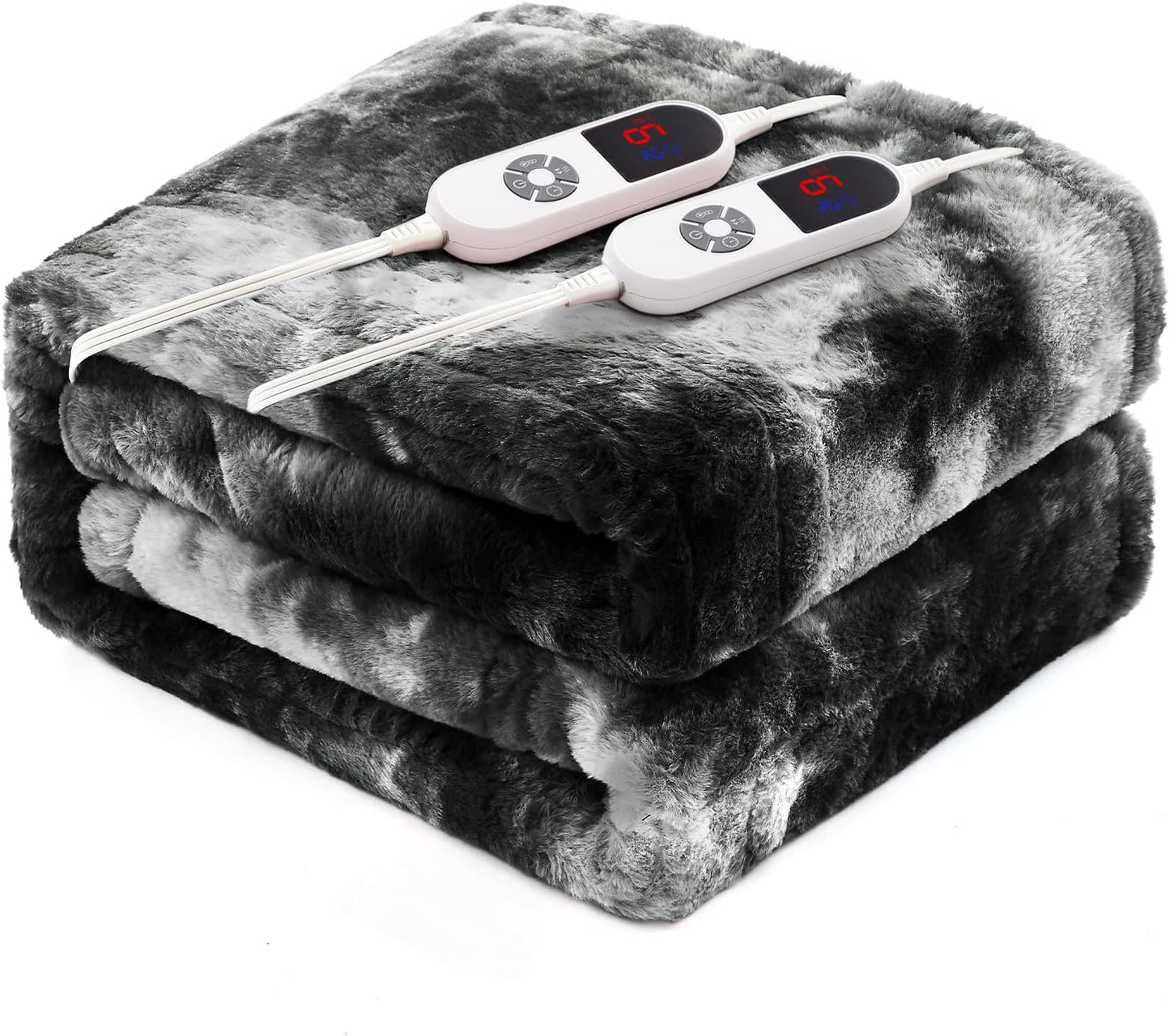 Electric Heated Blanket 90"x100", Luxury Black Faux Fur Electric Blanket, Fast Heating Soft Fluffy Thick Electric Blanket with 10 Heating Levels & 12H Auto Off
