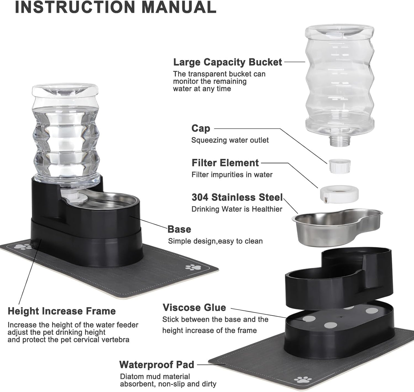 RIZZARI Automatic Cat Water Dispenser: Black 7L Elevated - Stainless Steel Gravity Feeder with Specialized Brush and Triple Filtration - Splash Guard Mat - Use in Bedroom and Livingroom