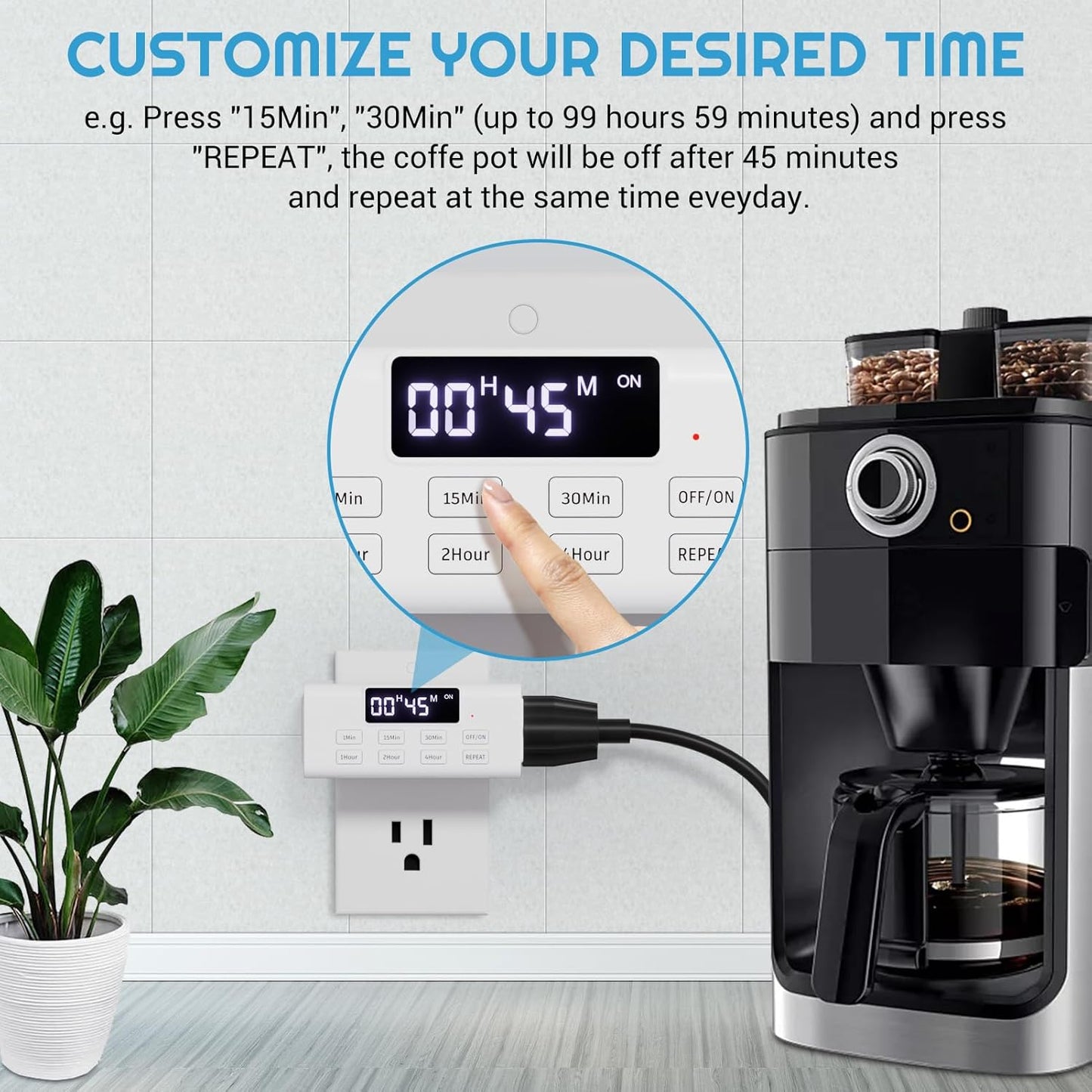 Countdown Timer Outlet, Up to 99 Hours, Large Screen and Repeat Function, Inodoor Auto Shut Off Timers for Charger Light Vacation Security,Digital Timers for Electrical Outlets