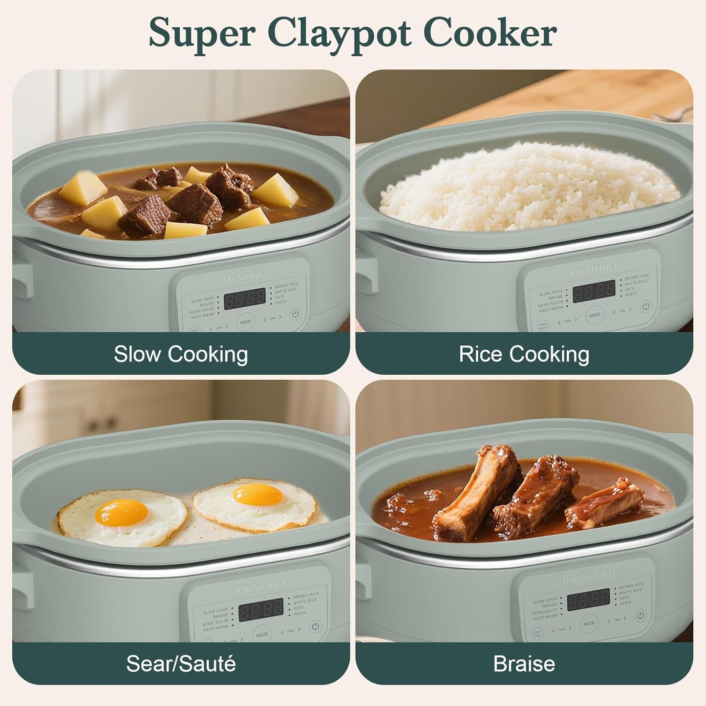 MAGNIFIQUE 4 Quart Programmable Casserole Slow Cooker, 8-in-1 Multi Cooker with Removable Non-Toxic Stoneware Crock, Claypot Slow Cooker, Rice-cooking, Nonstick, Oven Safe Pot to 450°F, Olive