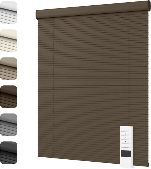 Motorized Cordless Aluminum Blinds with Remote, Automatic Room Darkening Horizontal Blinds for Indoor Windows, Light Adjustment Waterproof Blinds, Customized for Home Office, Brown
