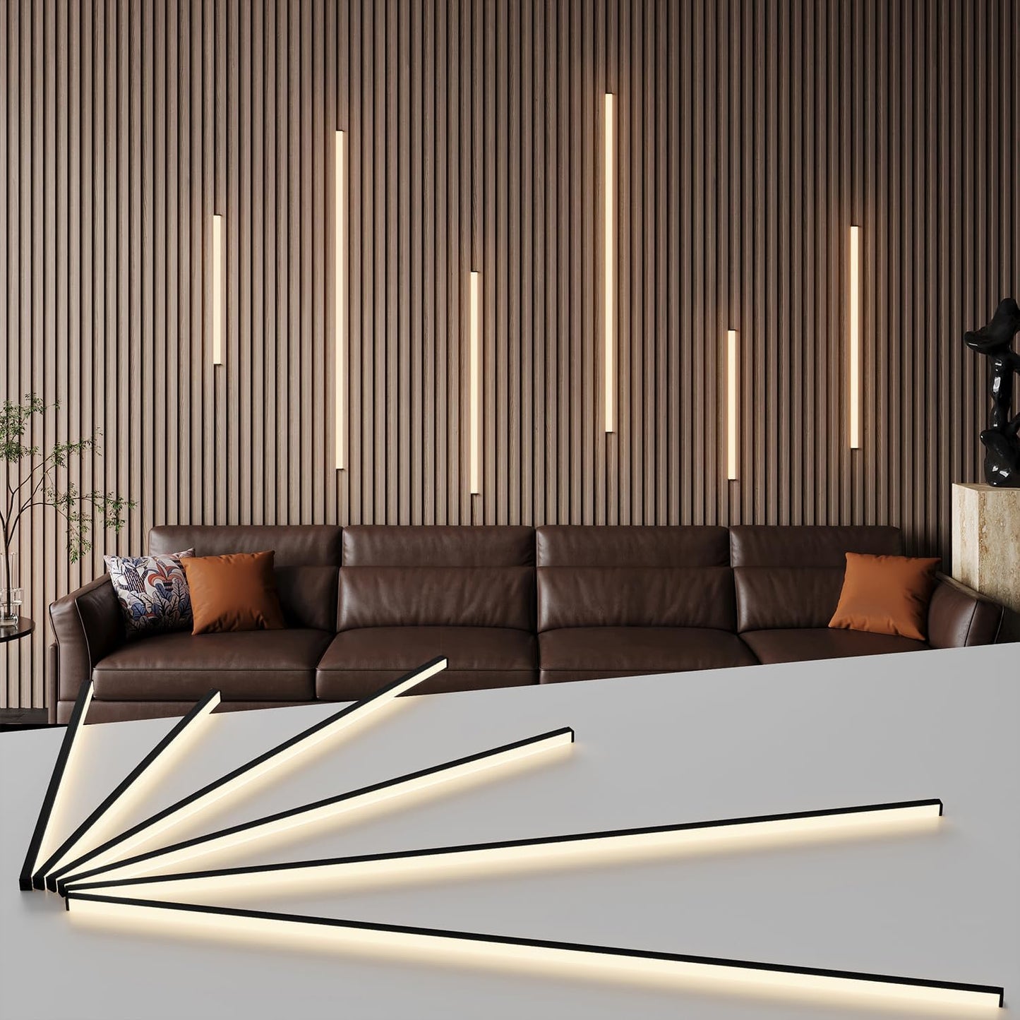 Slat Wall Lights - GloryAir 6pcs Black Adhesive Wall Panel Lights for Interior Wall Decor, Warm White 3000K Touchable Switch LED Lamp for Wood Slat Acoustic Panels, Headboard, Stairway, Home Decor