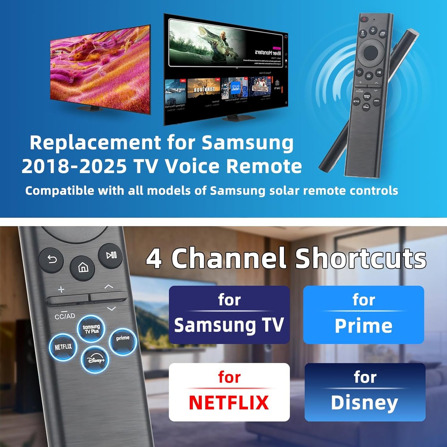 BN59-01385A Solar Voice Remote Replacement for Samsung TVs (2018-2025 Models) Universal Compatible with Smart, Neo OLED, The Frame, Crystal UHD 4K/8K TVs Rechargeable via Solar USB-C, 4 Shortcut Keys