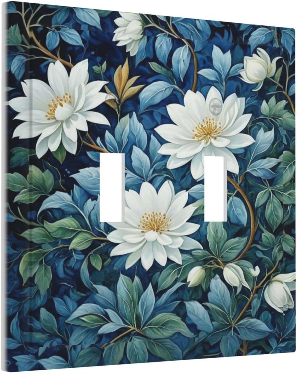 White Flowers Green Leaves Light Switch Covers Double Toggle 2 Gang Wall Plate Dual Decorative Switchplate Electrical Faceplate for Farmhouse Living Room Decor