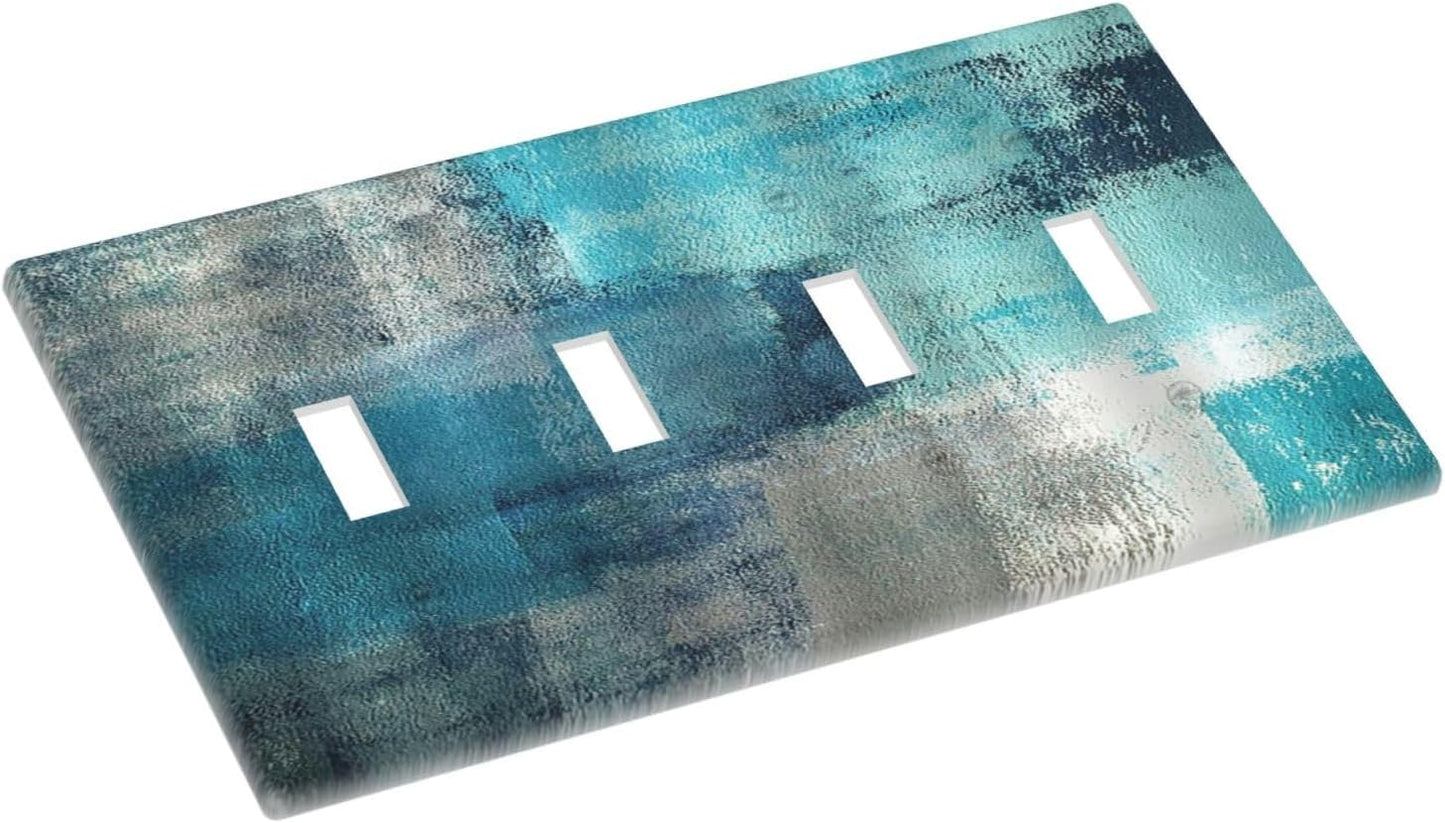 Light Switch Covers Teal Blue Modern Geometric Abstract Turquoise Green Quad Toggle Electrical Faceplate 4 Gang Wall Plate Decorative Switch Plates for living Room Bedroom Decor