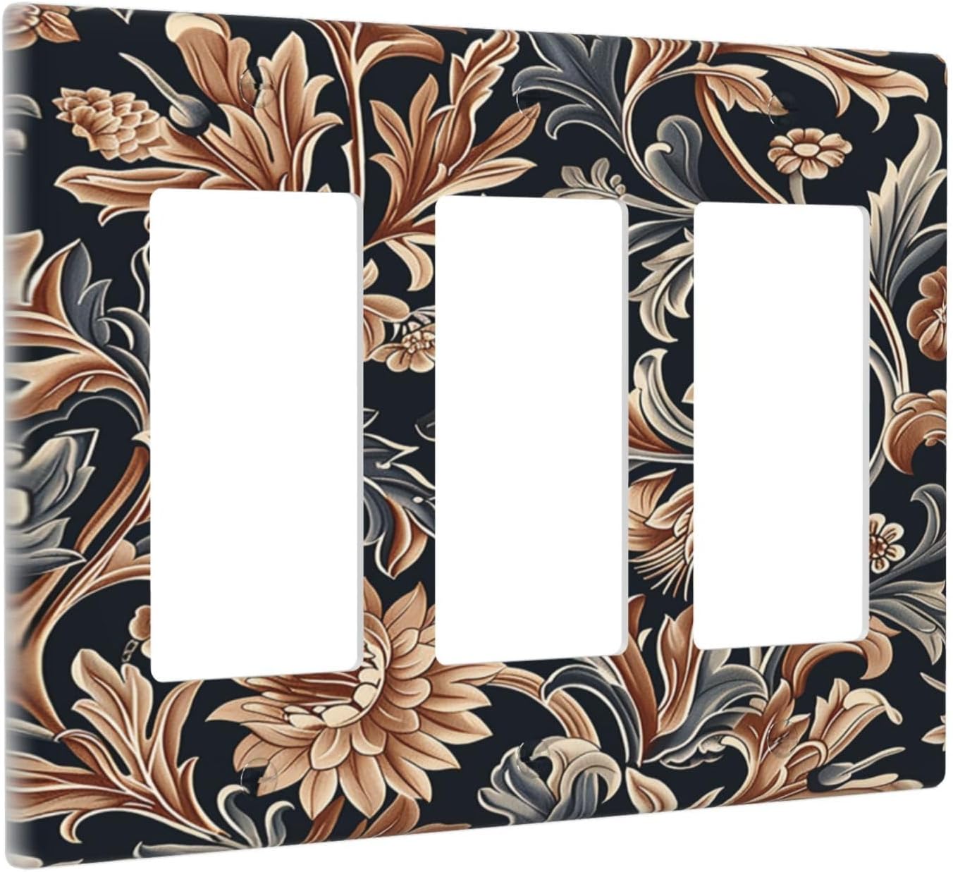 Light Switch Covers Vintage Grey Plant Leaves Brown Flowers 3 Gang Rocker Electrical GFCI Decorative Triple Outlet Wall Plate Cover Switchplate for Bedroom Home Decor