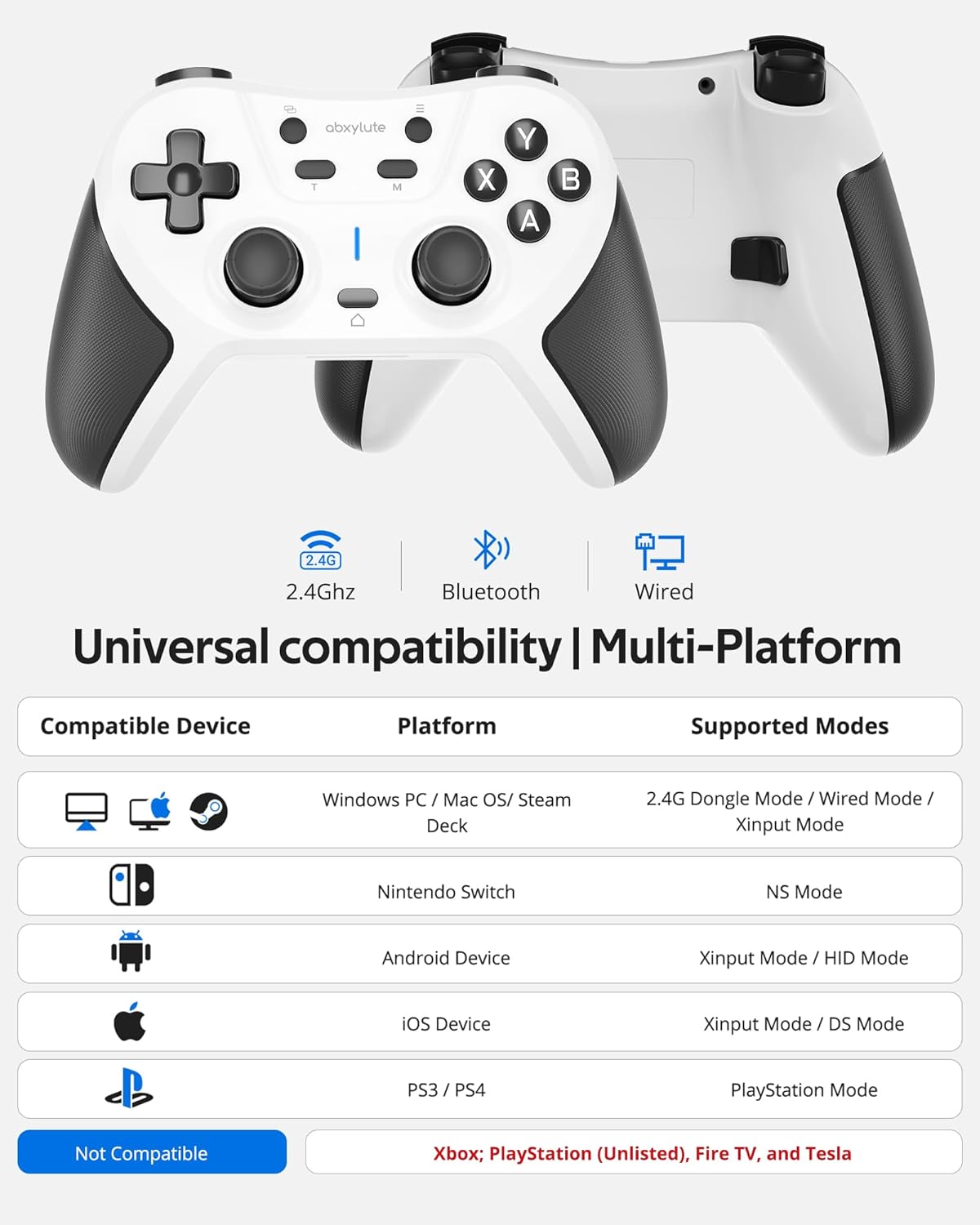 abxylute C5P Wireless Gaming Controller for PC/Switch/iOS/Android/PS3/PS4/Steam/MAC, 2.4 GHz Hall Effect Stick & Trigger Turbo-Remappable Back Buttons Rubberized Grip Console Layout Gamepad Vibration