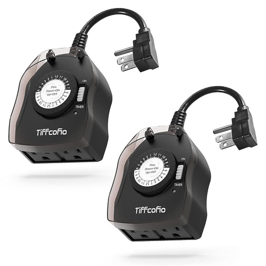 TiFFCOFiO Outdoor Timer Outlet for Lights, 24 Hour Mechanical, Outdoor Light Timer Waterproof, 2 Grounded Outlets for Home and Garden, 15A 1/2HP, Heavy Duty, CSA Listed (2 Pack)