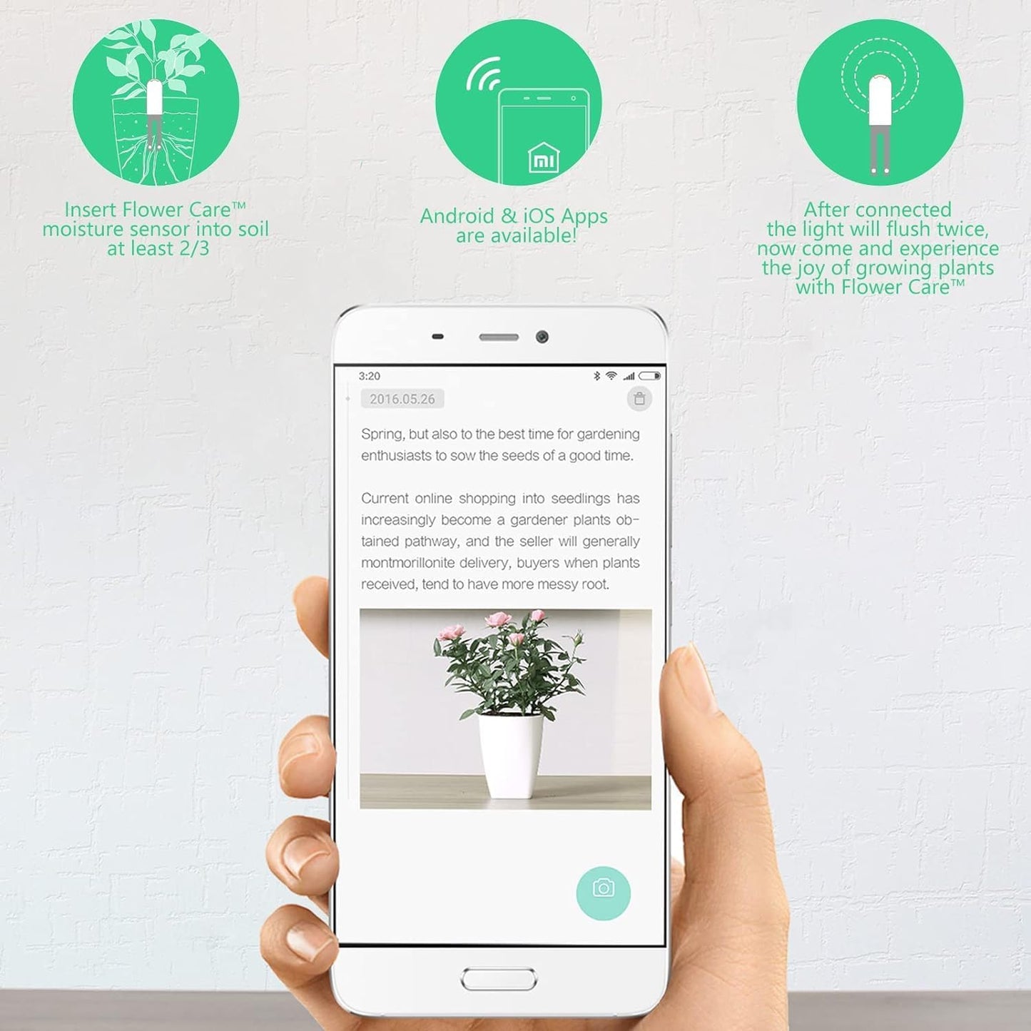 Soil Moisture Meter 4 in 1 for HHCC, Plant Water Monitor, Automatically detects Moisture/Temperature/Light/Fertility, Can Connect to Mobile Phone via Bluetooth, Plants Sensor for Indoor (Green - 1pcs)