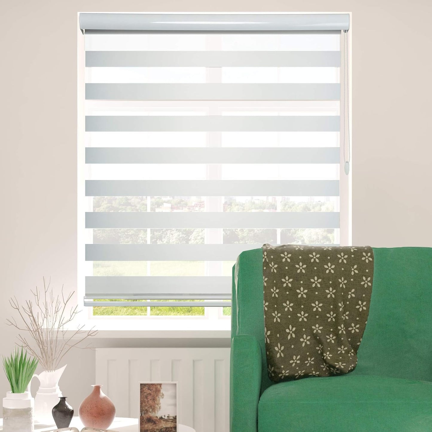 ShadesU Cordless Zebra Blinds for Windows, 23" W x 72" H, White, Dual Layer Free-Stop Zebra Shades, Light Control for Day and Night, Sheer Blinds for Indoor Windows, Bedroom, Kitchen