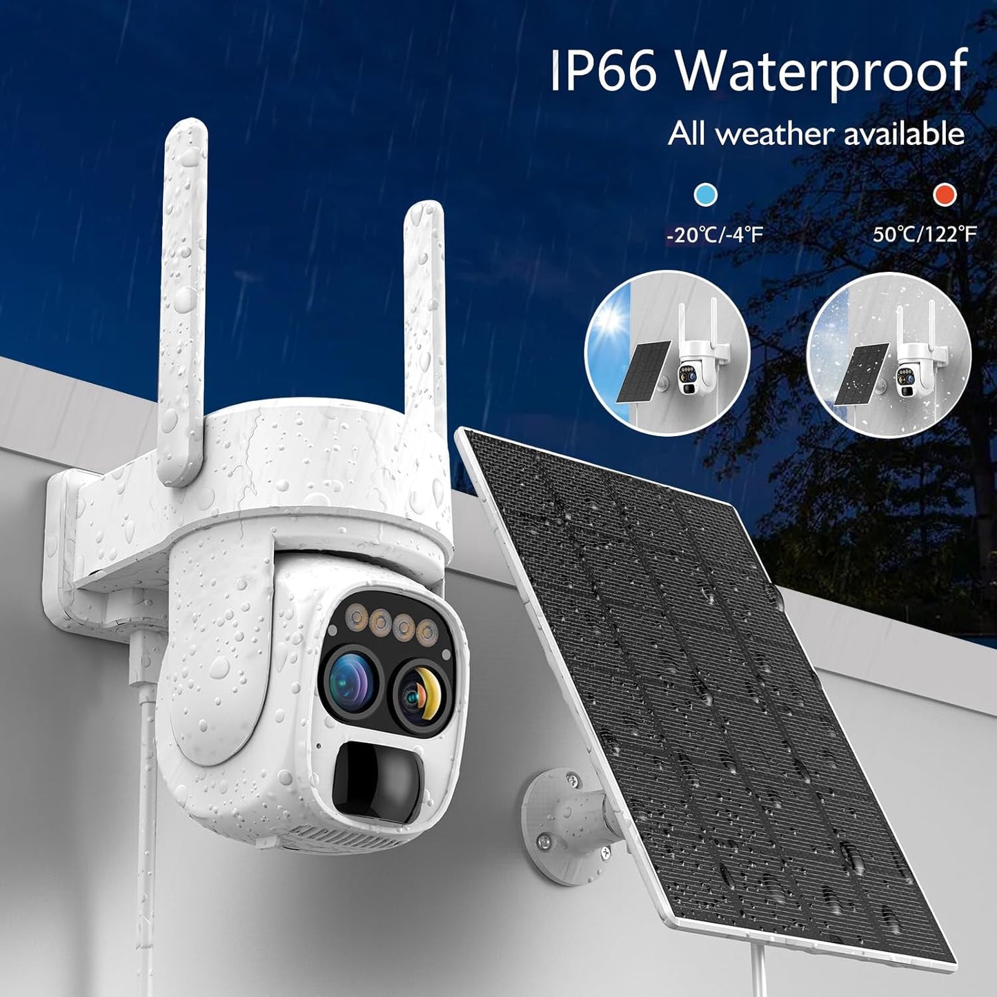 Hawkray Pannel Solar Wireless Outdoor Battery Security Camera， Dual-Lens, 10xZoom, 2K Resolution 3MP 360°Pan/Tilt，2.4&5G WiFi Powered Camera