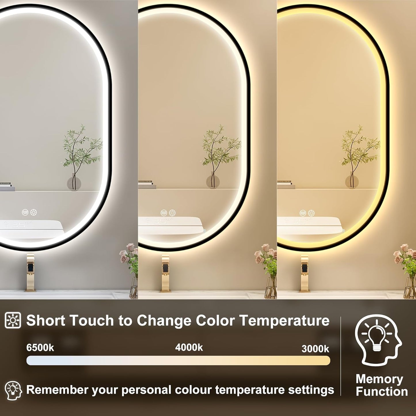 S'bagno 24x36 Oval Black LED Mirror for Bathroom with Frontlit & Backlit, LED Bathroom Mirror with Metal Frame, Anti-Fog, Stepless Dimmable, 3 Colors Temperature LED Vanity Mirror(Horizontal/Vertical)