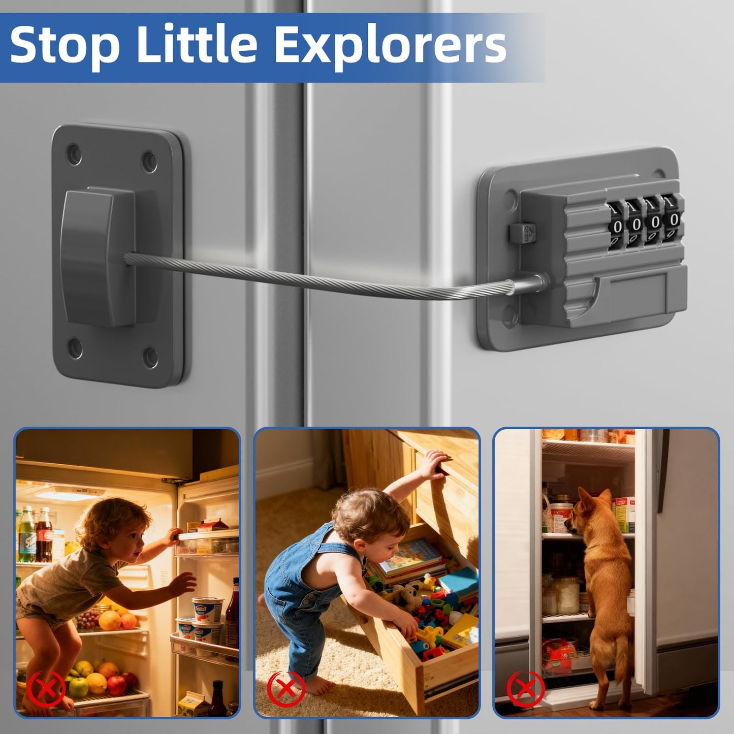 Refrigerator Lock, Heavy Duty Fridge Locks for Kids, Freezer Lock with Combination for Refrigerator Drawer Cabinet Safety, Easy to Install No Keys Needed Grey, 2 Packs