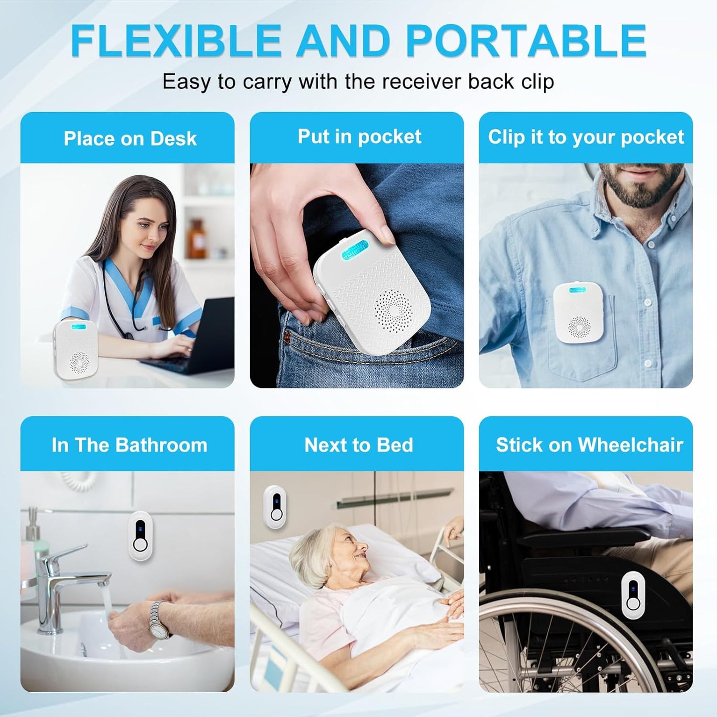 Wireless Caregiver Pager Call Button Nurse Call System Rechargeable & Portable Receiver with 328Ft Range for Elderly/Patient/Disabled at Home/Hospital (1Receiver &1 Emergency Button