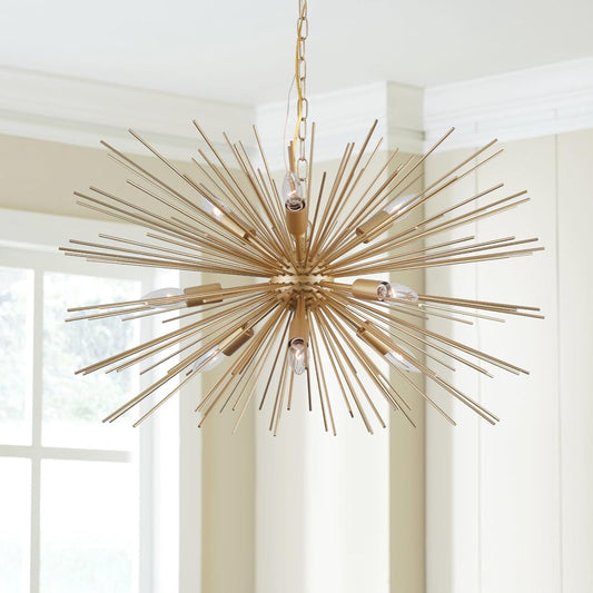 Gold Starburst Chandelier,9-Light Sputnik Chandelier Light Fixture Firework Ceiling Light for Dining Room,Bedroom,Living Room,Kitchen,Entryway,Foyer,29in
