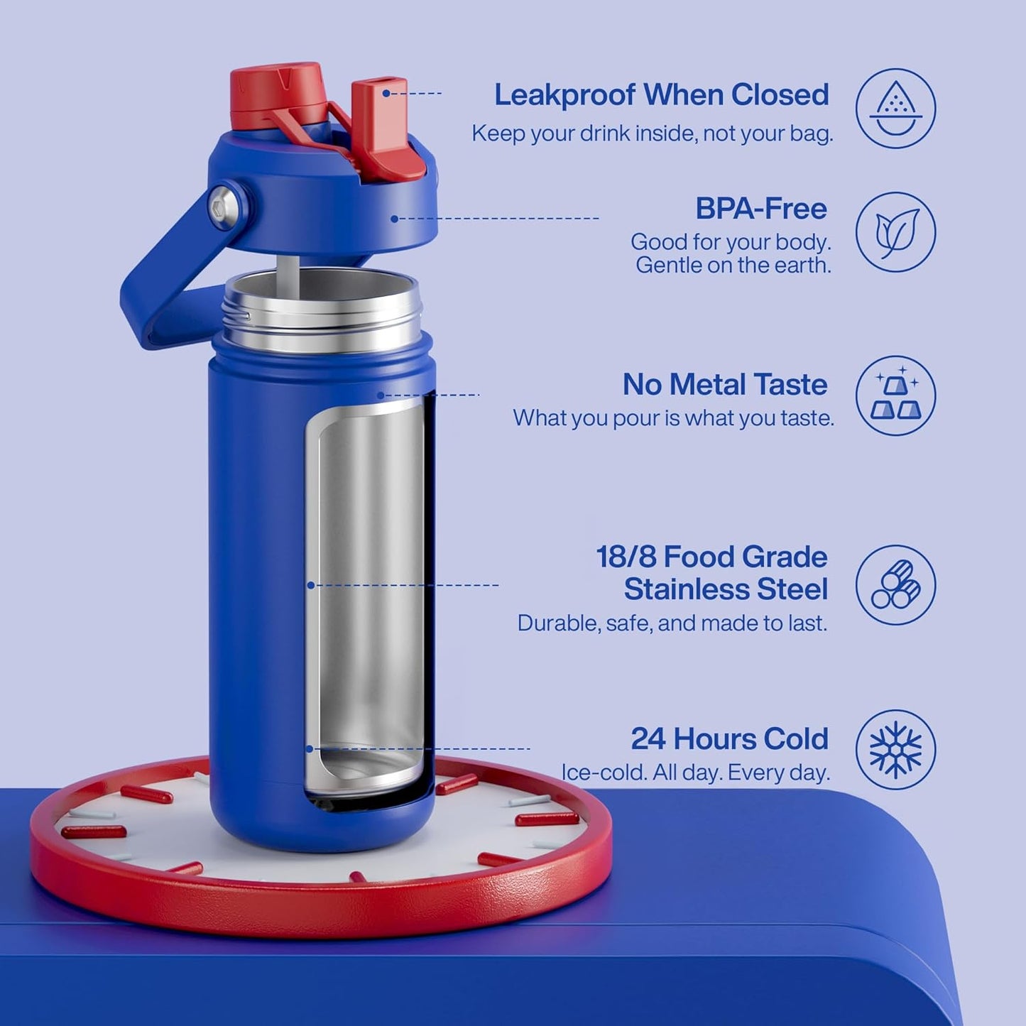 ENCOOL Insulated Water Bottle with Straw Stainless Steel Water Bottle, Leak-Proof, BPA-Free, Double Wall Vacuum Keeps Cold for 24 Hours for Sports, Travel, School (18 oz, Beaucoup Blue)
