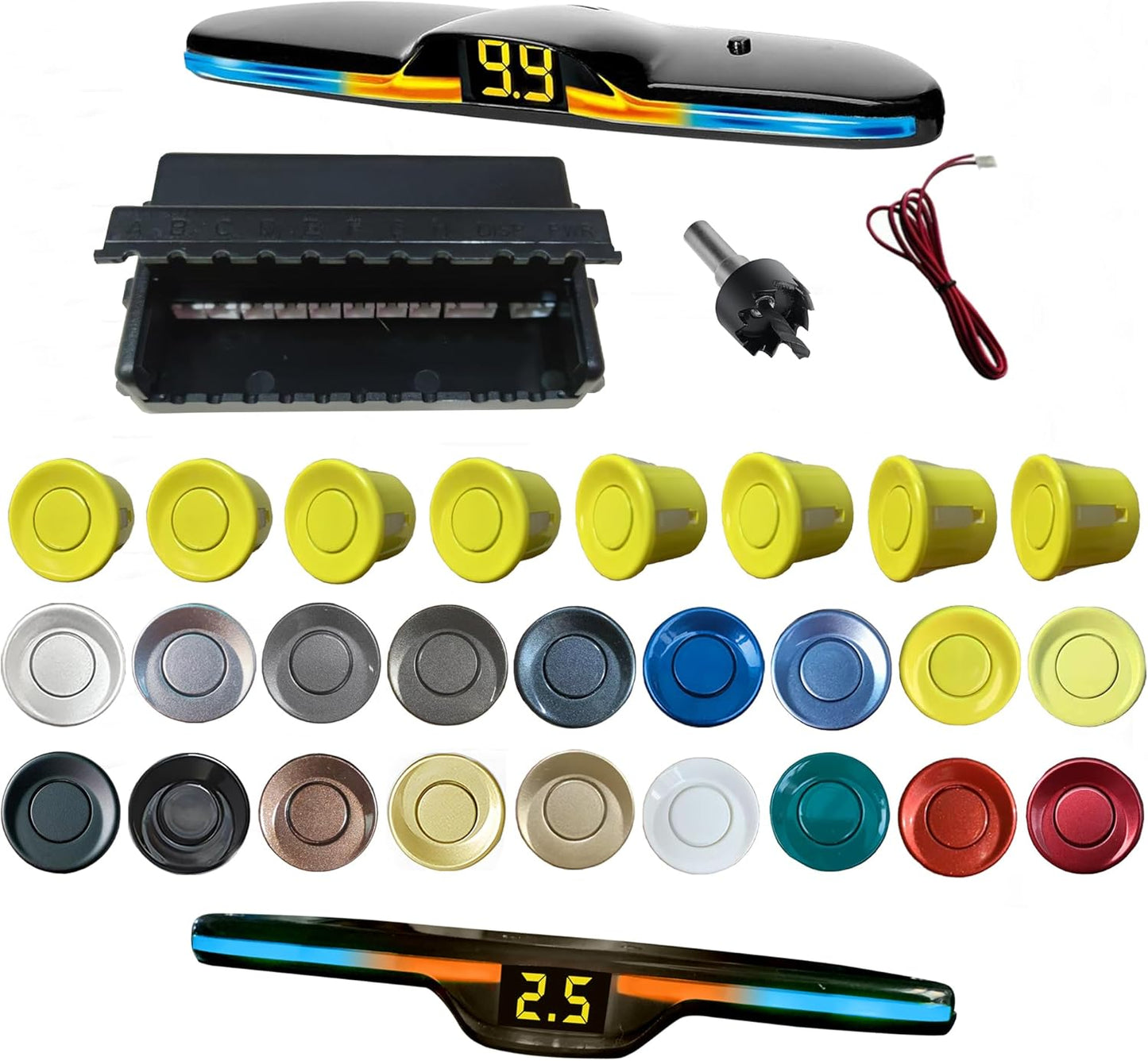 New Features Forward and Reverse Parking sensors, Option to Measure Distance in inches, bidirectional Display Option, and Customizable Digital Direction 18 Color Probes to Choose from(Yellow)