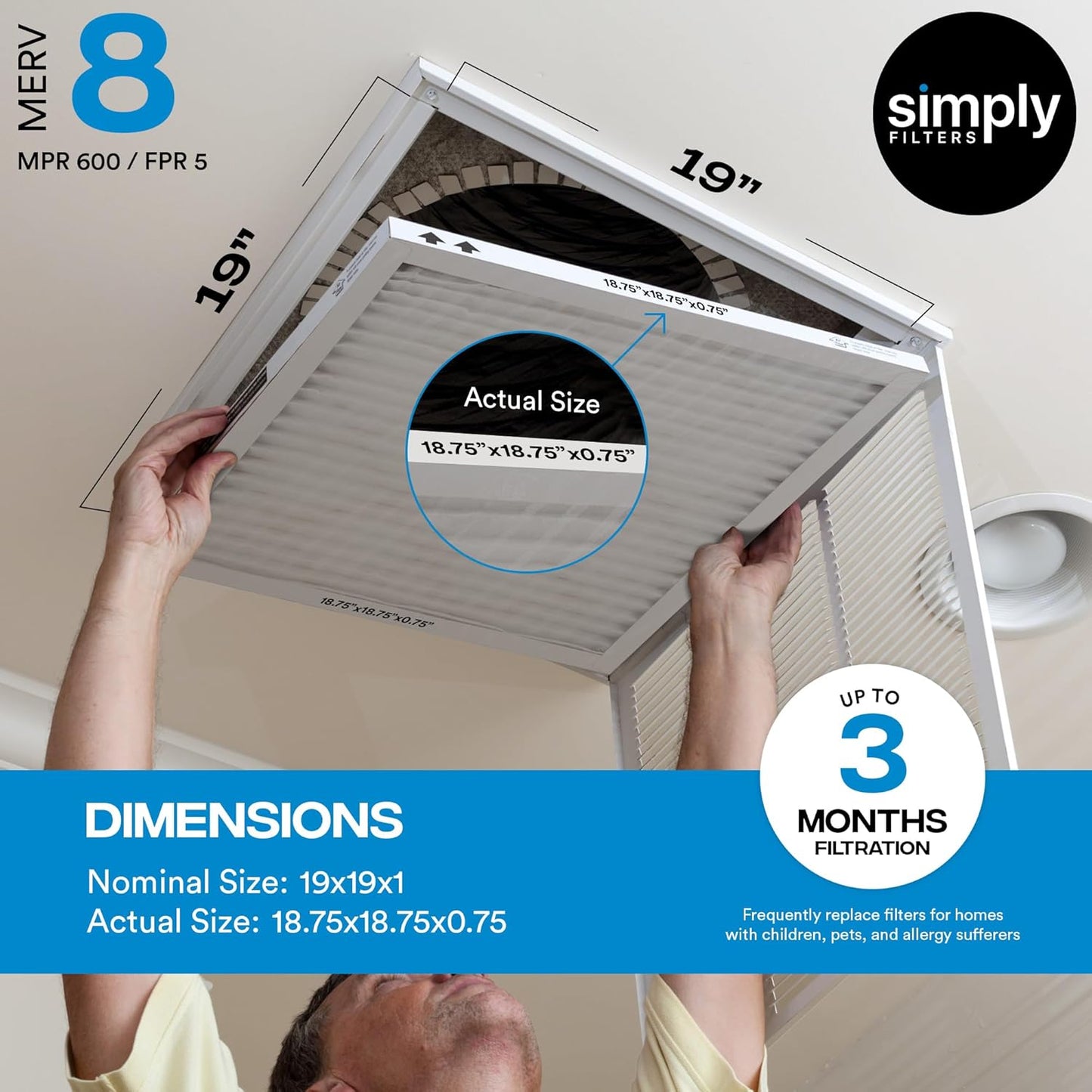 Simply 19x19x1 Air Filter, Merv 8, 6 Pack, For Home AC Furnace & HVAC (Actual Size: 18.75"x18.75"x0.75") DUST, Pet, & Allergy Control