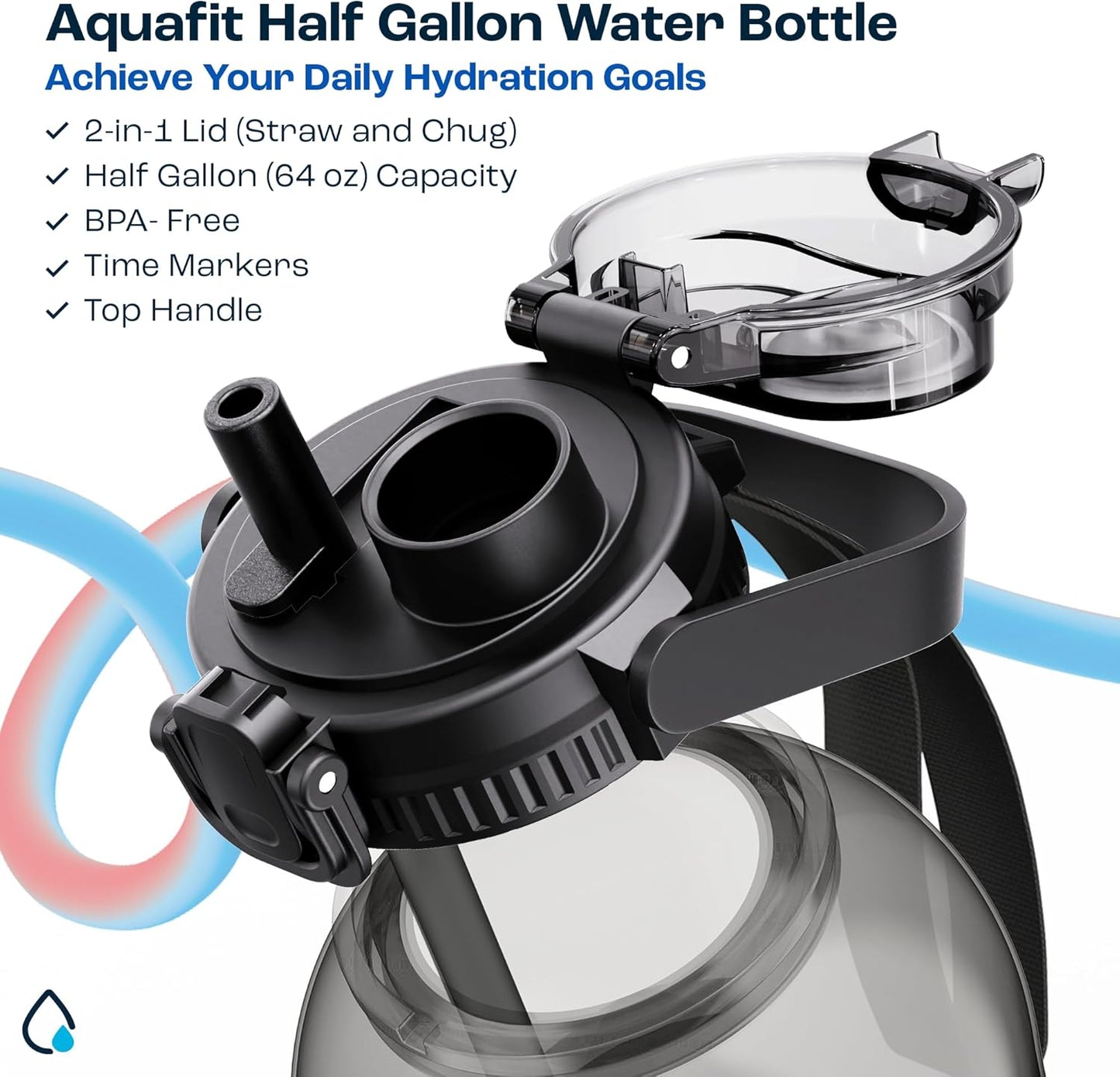 AQUAFIT 64 oz Water Bottle with Time Marker - 2in1 Straw & Chug Lid - BPA Free Big Water Bottle with Straw - Gym Water Bottle with Strap - Water Jug (64 Ounces, Nebula)