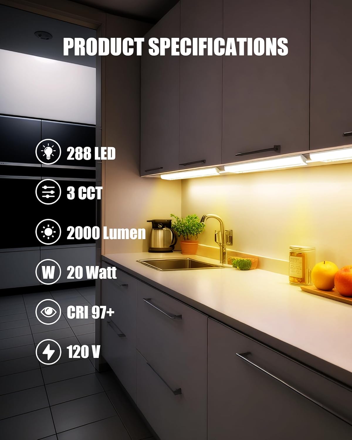 Hardwired Under Cabinet Lighting 36 Inch, 3 Color Settings - Soft White(3000K), Bright White(4000K), Daylight White(5000K), 2 Pack Linkable Dimmable Under Counter Lights for Kitchen, CRI 97