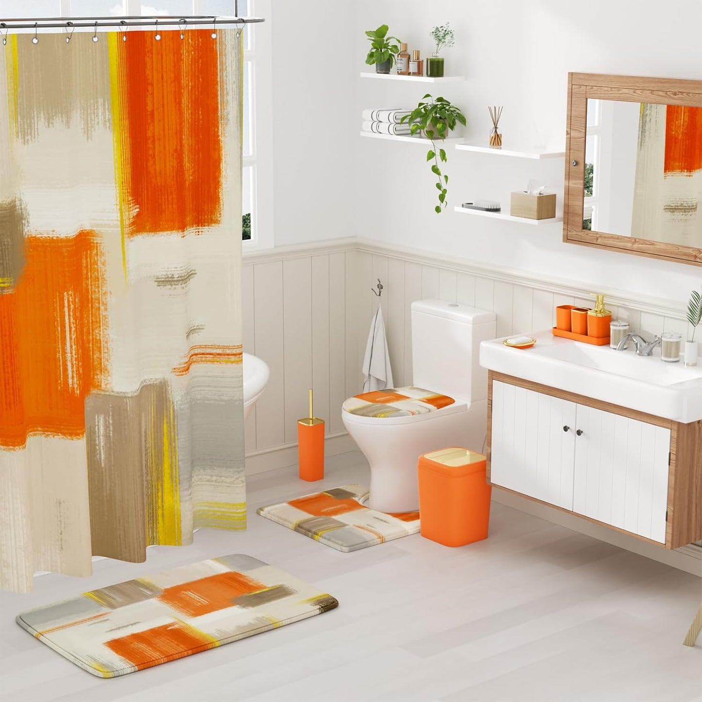 Bathroom Accessories Set - 25PC Bathroom Set with Shower Curtain and Rugs, Orange Bathroom Set, Bathroom Accessory Set with Press-on Lid Trash Can, Soap Dispenser and Qtip Holders