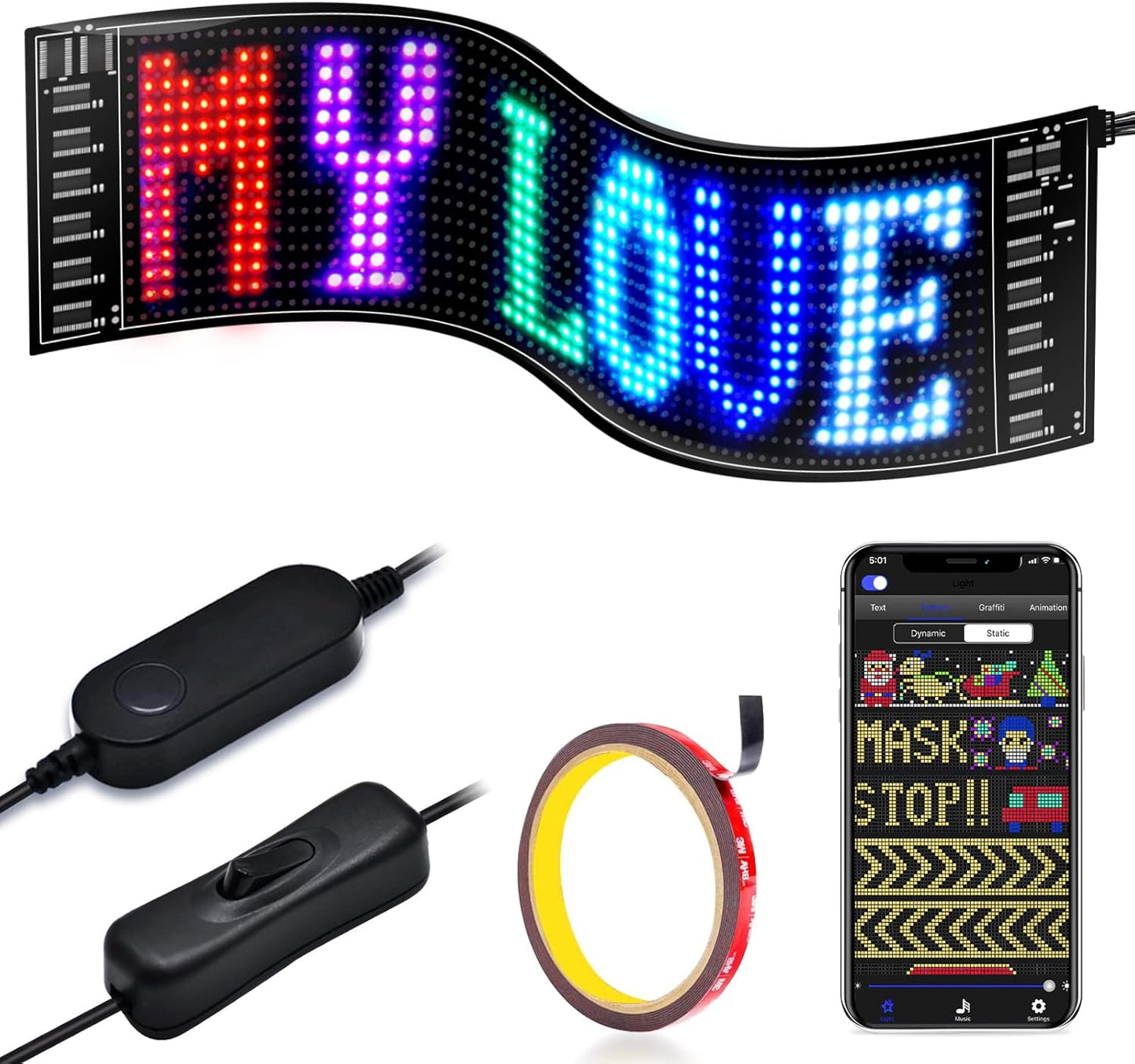GOTUS LED Sign for Car,Scrolling LED Sign,Flexible LED RGB Color Sign,Bluetooth APP,DIY Design Animations,Text, Graffiti(19''x5'')…