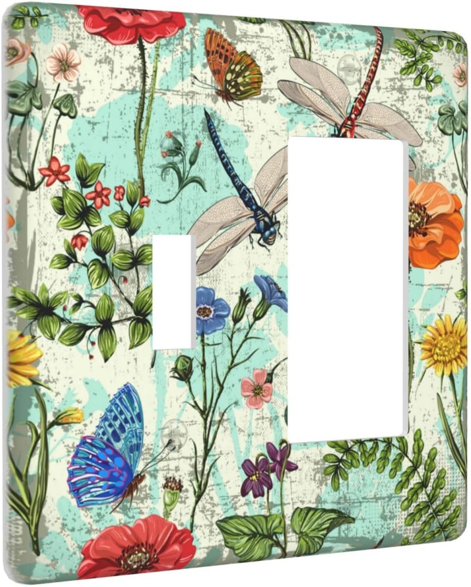 Dragonflies Flowers Butterfly 1 Toggle 1 Rocker Outlet Light Switch Cover Decorative Wall Plate Cover For Home Living Bedroom Kitchen Decorative