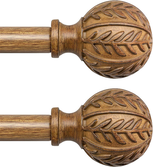 2 Pack Boho Wood Curtain Rods for Windows 48 to 84 inch,1" Adjustable Heavy Duty Window Curtain Rod with Imitation Wood Grain Finials,Rustic Decorative Drapery Rods Set 36-88'',Natural Wood