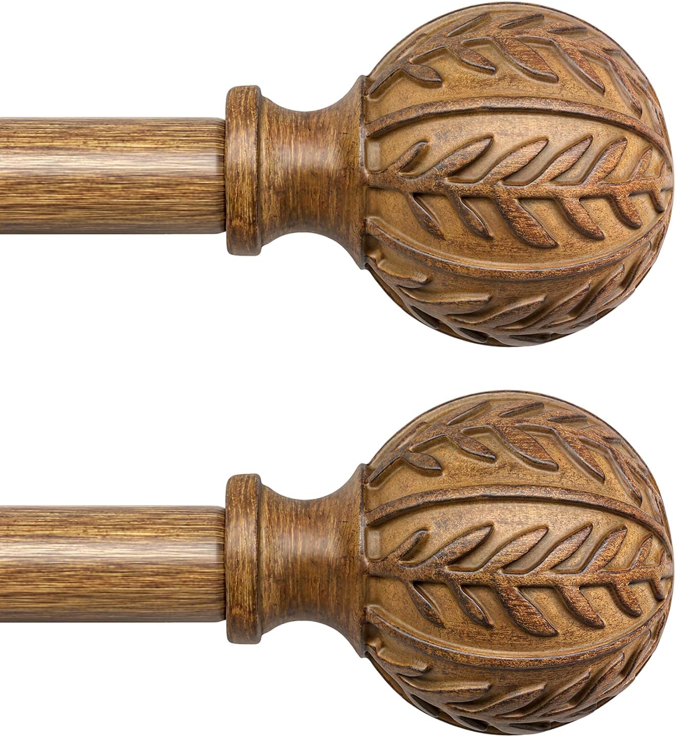 2 Pack Boho Wood Curtain Rods for Windows 28 to 48 inch,1" Adjustable Heavy Duty Window Curtain Rod with Imitation Wood Grain Finials,Rustic Decorative Drapery Rods Set 18-60'',Natural Wood