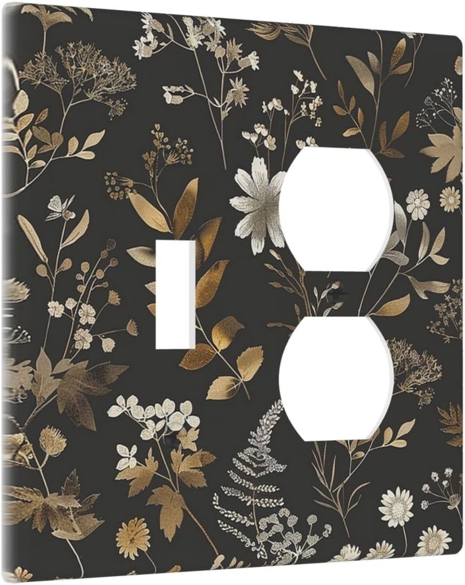 Wallplates Black Gold Floral Dark Leaves Vintage Flowers 1 Toggle 1 Duplex Switch Plate Electrical GFCI Faceplate Decorative Light Switch Covers for Bed Room Home Decor