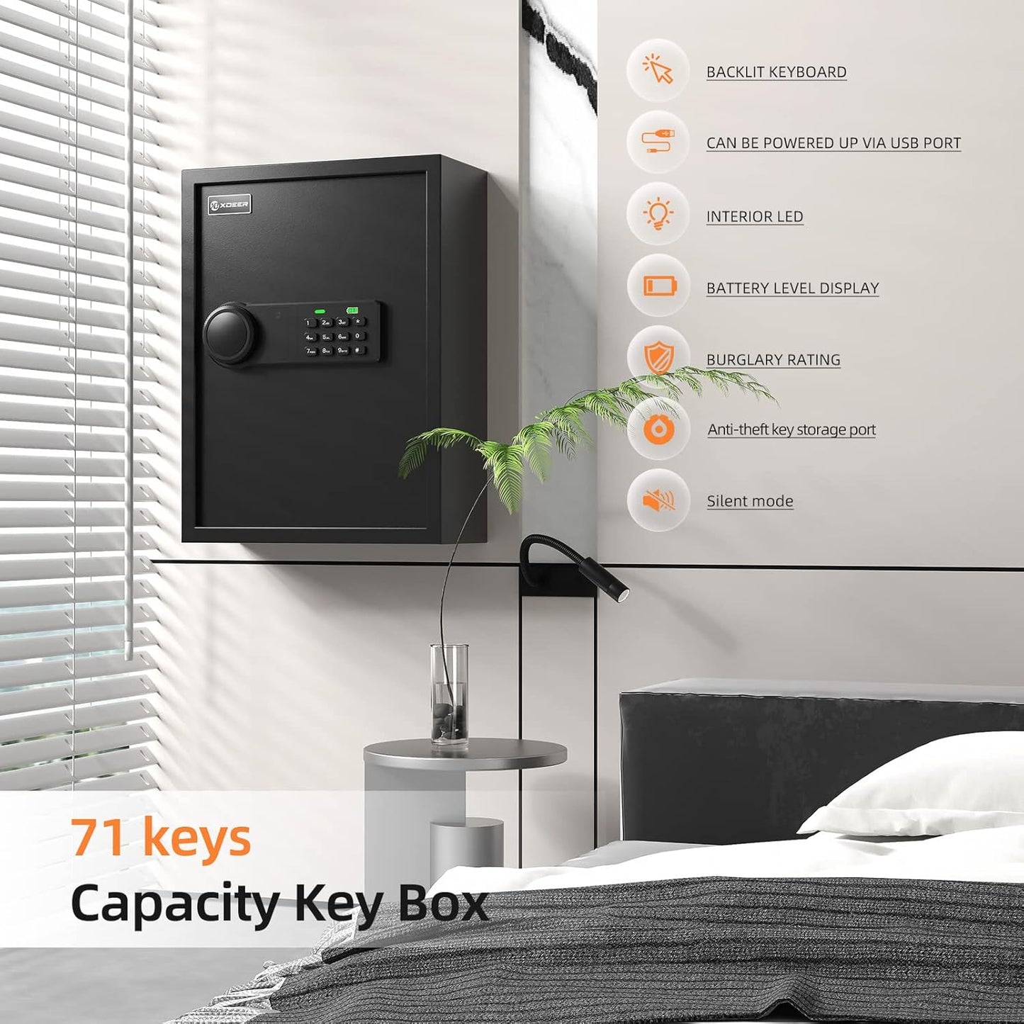 XDeer 71-Key Safe Wall Mount with Advanced Anti-Theft & LED Light, Key Cabinet with Combo & Key Lock for Hotels, Offices & Car Dealerships