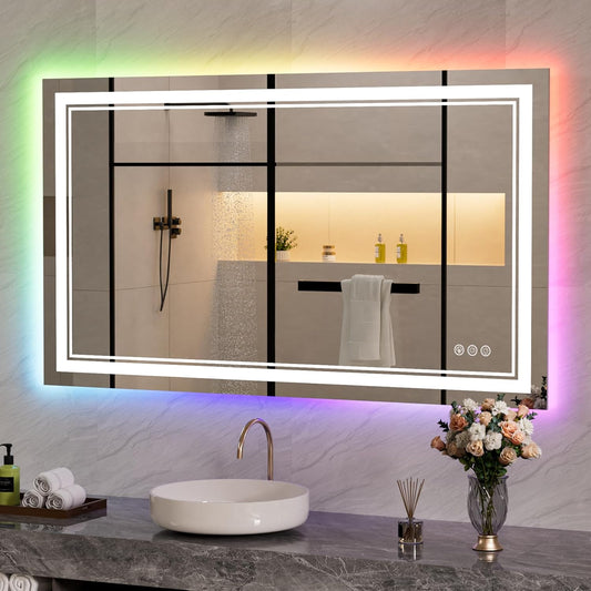 48x28 inch LED Bathroom Mirror with RGB Lights, Color Changing Backlit Mirror, Shatterproof, Dimmable Anti-Fog, Lighted Vanity Mirror (RGB Multicolor Backlit + Adjustable Front-Lighted)