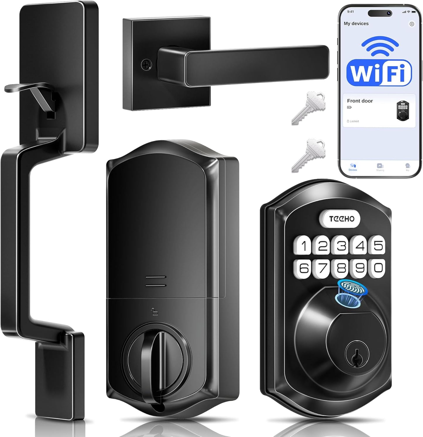 TEEHO TE012W-H WiFi Smart Door Lock with Handle, Fingerprint, Keypad, Key & App Control, Keyless Entry Deadbolt Set, Compatible with Alexa & Google Assistant, Easy Install for Front Door, Matte Black