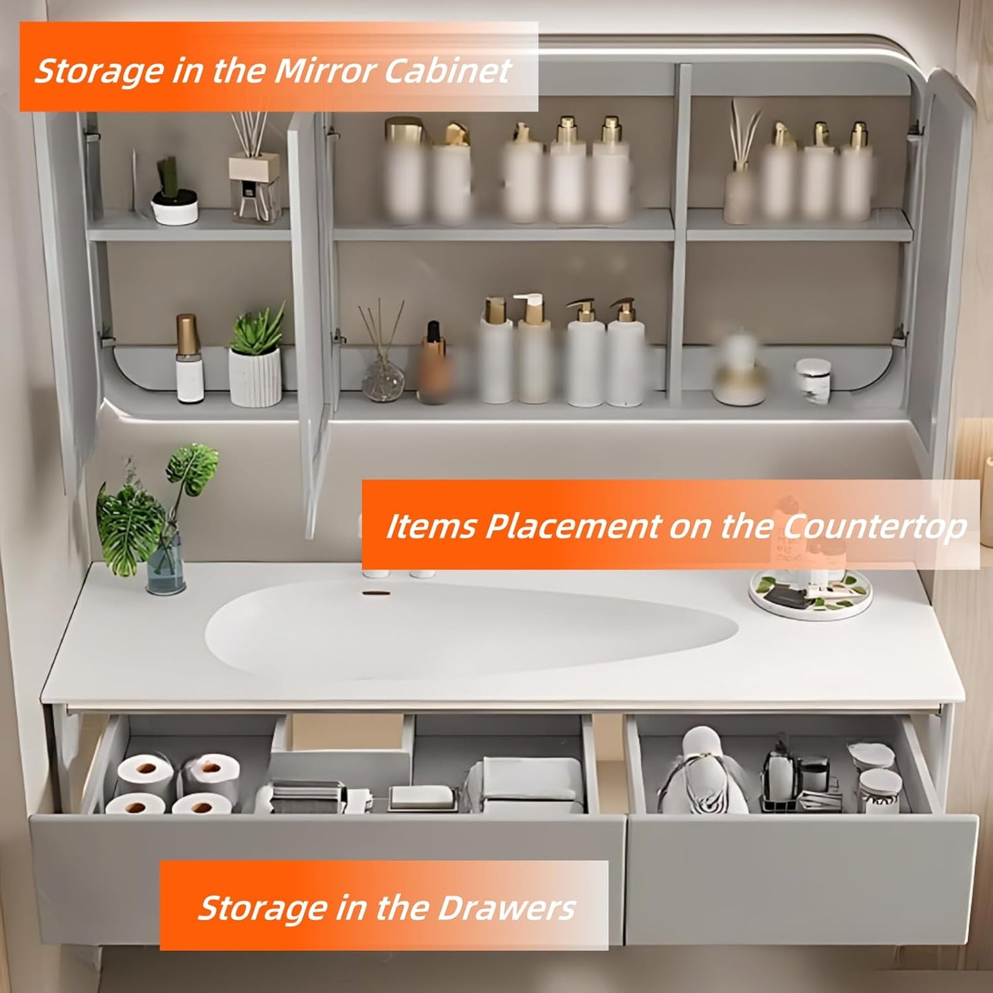 60IN Grey Bathroom Vanity Set - Floating Bathroom Vanity with Single Sink | Including LED Smart Defogging Mirror Cabinet & Time Display Function, Equipped with Motion Sensing Light Strip (Style A)