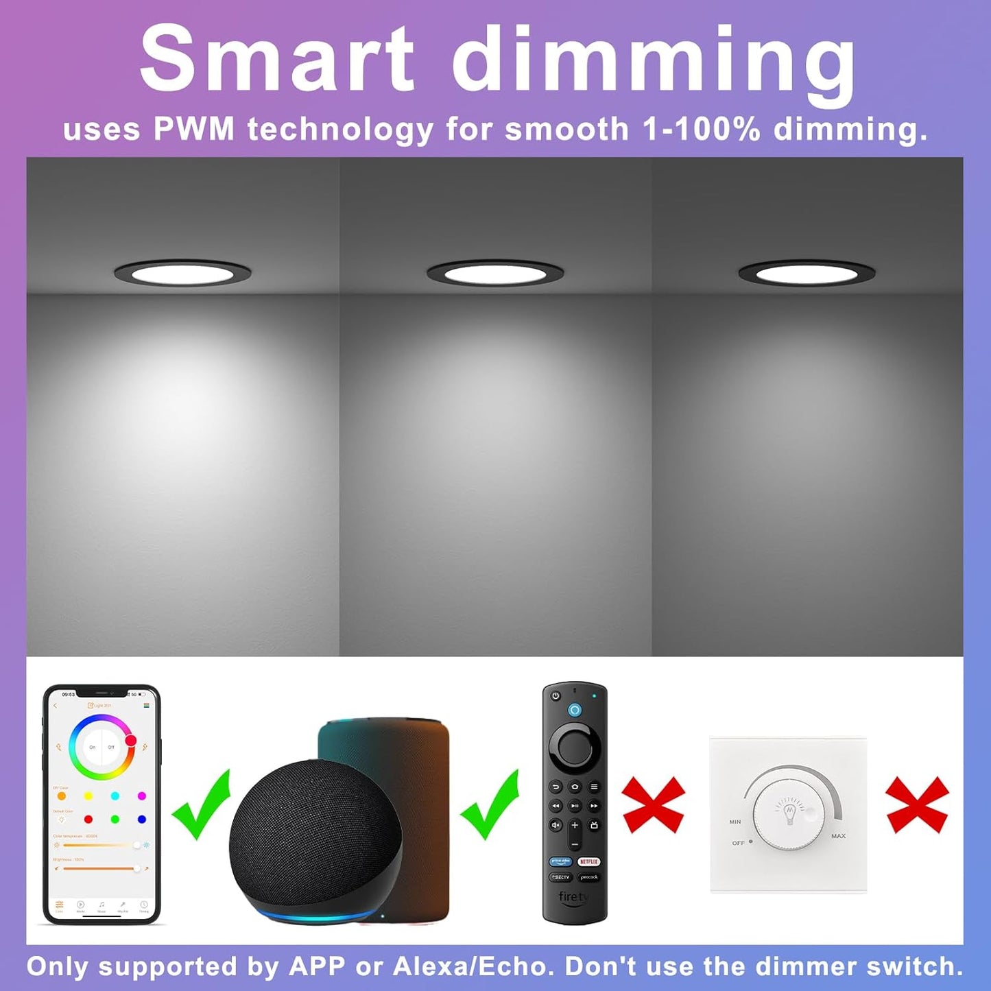 Smart Recessed Lighting 4 Inch Black RGBCW Color Changing 12W LED Downlight with Junction Box,1000 Lumen Recessed Ceiling Light Compatible with Alexa,Dimmable by Bluetooth Control -6Pack