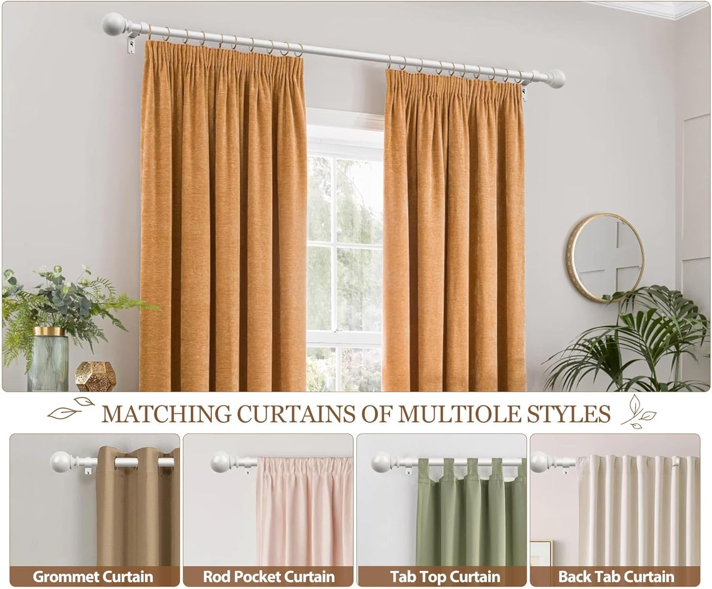 KAMANINA Curtain Rods 32 to 120 Inches (2.6-10ft), 7/8 Inch White Curtain Rods for Windows 66 to 120, Long Adjustable Drapery Rod with Round Finials