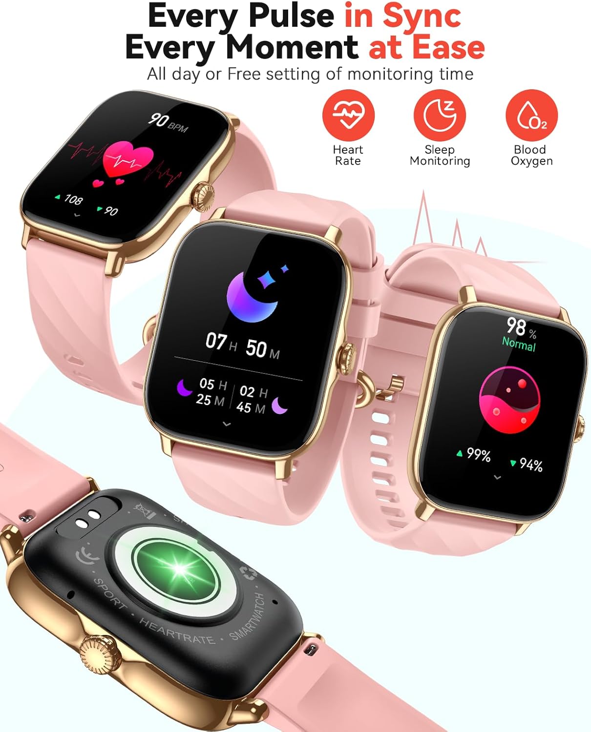 Smart Watches Fitness Tracker for Men Women with Step Counter, Sleep / Calorie Monitor, Pedometer, IP68 Waterproof, 120+ Sports for iPhone Android, 1.91”HD Touchscreen Smartwatch (Casual, Pink, 1.91)