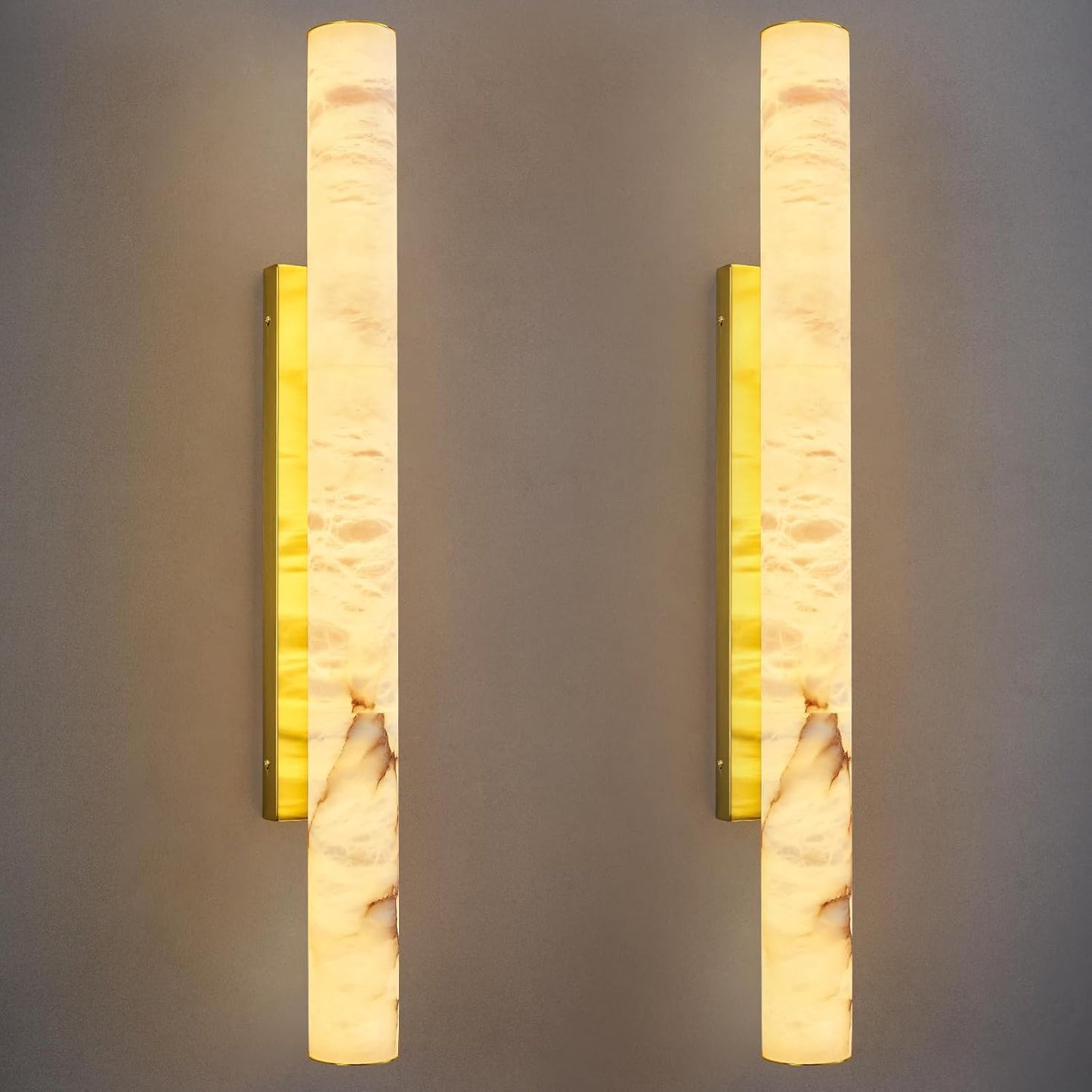 LMQNINE Natural Alabaster Wall Sconces Set of Two Spanish Marble Wall Light Cylinder Modern Gold LED Sconce for Living Room Bedroom Bathroo Stairs（L-2Pack）