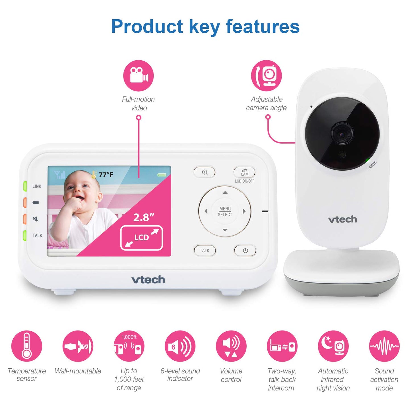 VTech VM3252 Video Baby Monitor with 1000ft Long Range, Auto Night Vision, 2.8” Screen, 2-Way Audio Talk, Temperature Sensor, Lullabies