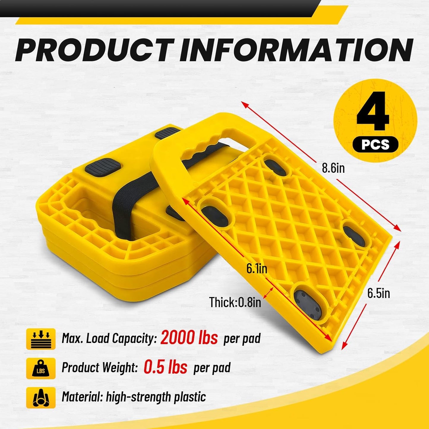 ROBLOCK RV Stabilizing Jack Pads with Anti-Slip Rubber Mats,4 Packs Sink Resistant Rv Leveling Pads with Handle, Interlocking Design RV Stabilizer Jack Blocks for Trailer Camper Motorhome, 6.5" x 6.5"