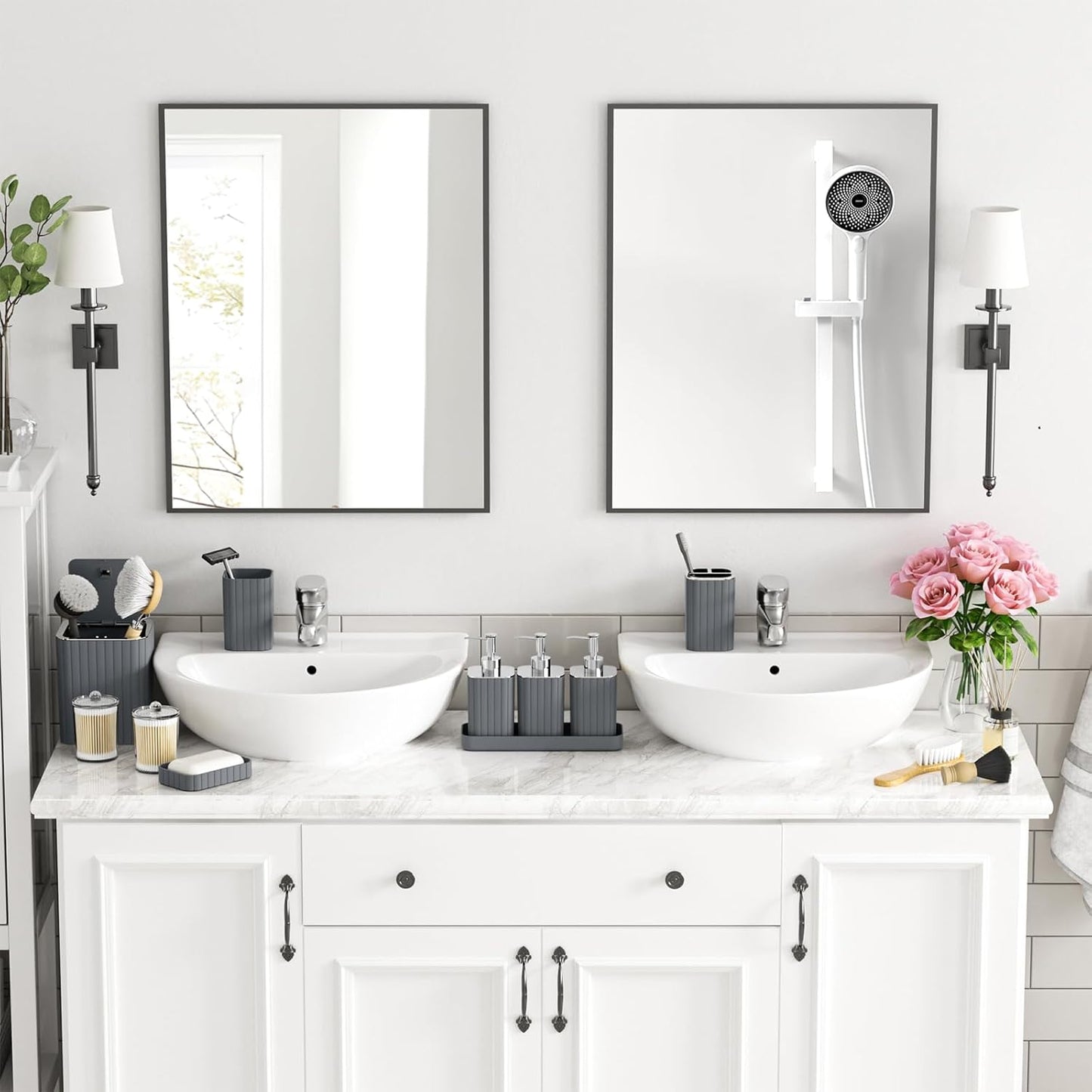 Bathroom Accessory Set - Bathroom Set, 12PC Bathroom Accessories Set, Grey Bathroom Accessories Set, Mini Trash Can, Toilet Brush, Trash Can & Soap Dispenser