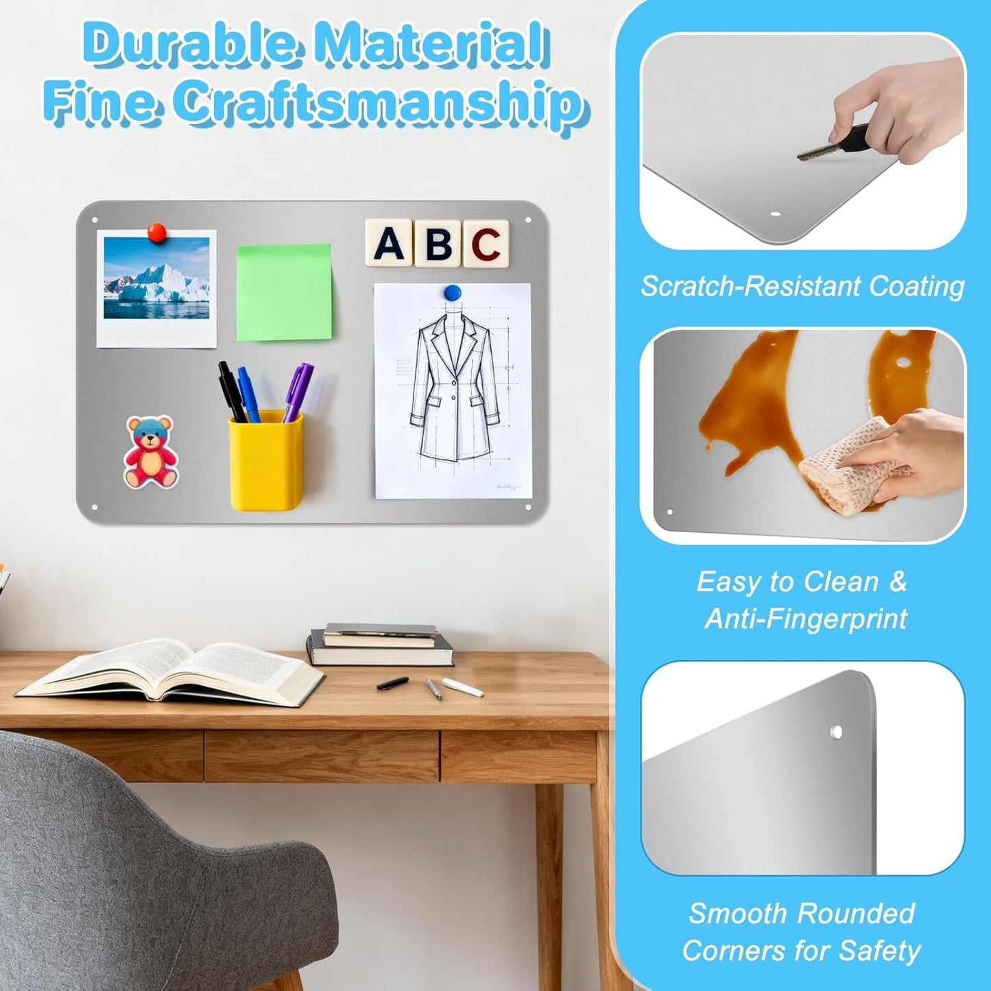 ARVOK 2 Pack Silver Magnetic Board 17.1" x 11.8", Metal Magnet Bulletin Board for Wall, Refrigerator, Cabinet, Display Notes, Photos, Poetry, Includes 8 Screws & 8 Dual Lock Tapes, 4 Support Screws