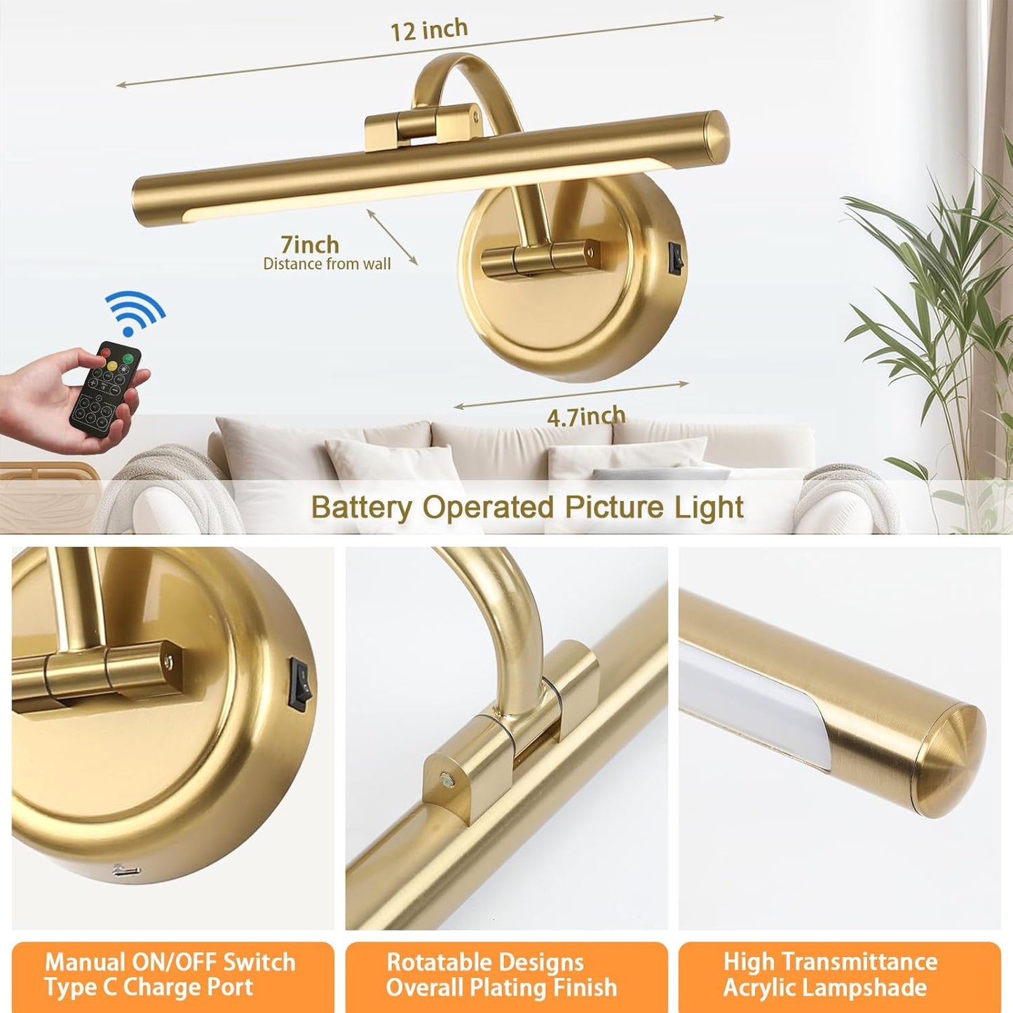 Rechargeable Picture Light for Wall, Dimmable Art Lights for Painting, Battery Operated Wall Sconce with Remote, 3 light Color,Timer & Brightness Setting for Artwork, Gallery(Brass, 12inch)