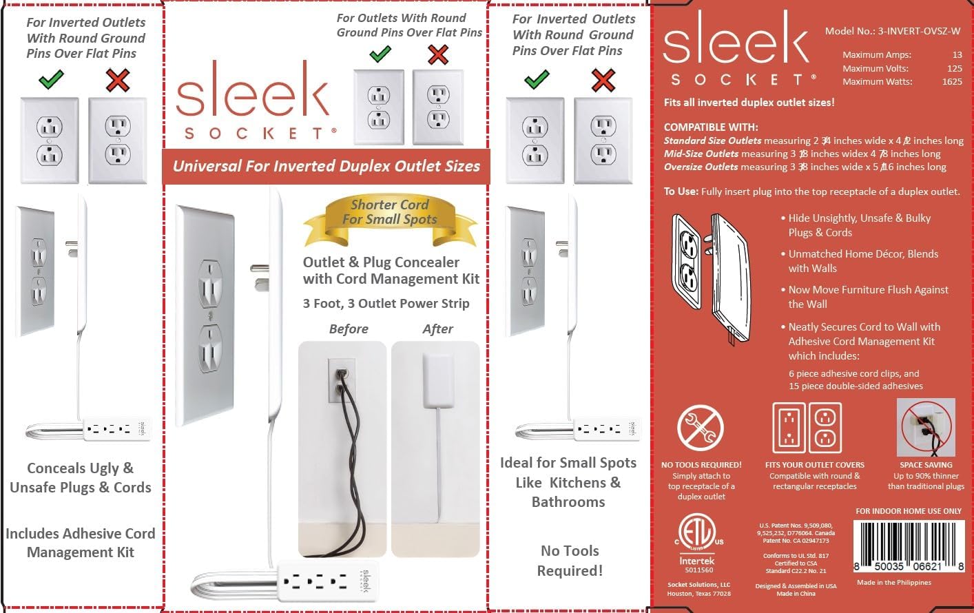 Sleek Socket Original & Patented Ultra-Thin Outlet Concealer with Cord Concealer Kit, Flat Extension Cord with Multi Outlets Power Strip, Ideal for Home Improvement, Hide Bulky and Messy Cords