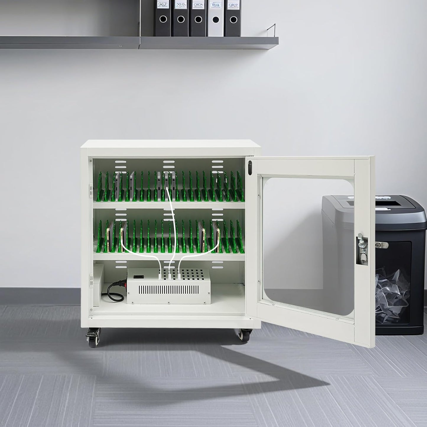 40-Port Mobile Phone Charging Station Cart - Heavy Duty Charging Cabinet for Schools & Offices, 400W Rechargeable Cellphone Locker Storage Lockable Tempered Glass Door & Wheels (White)