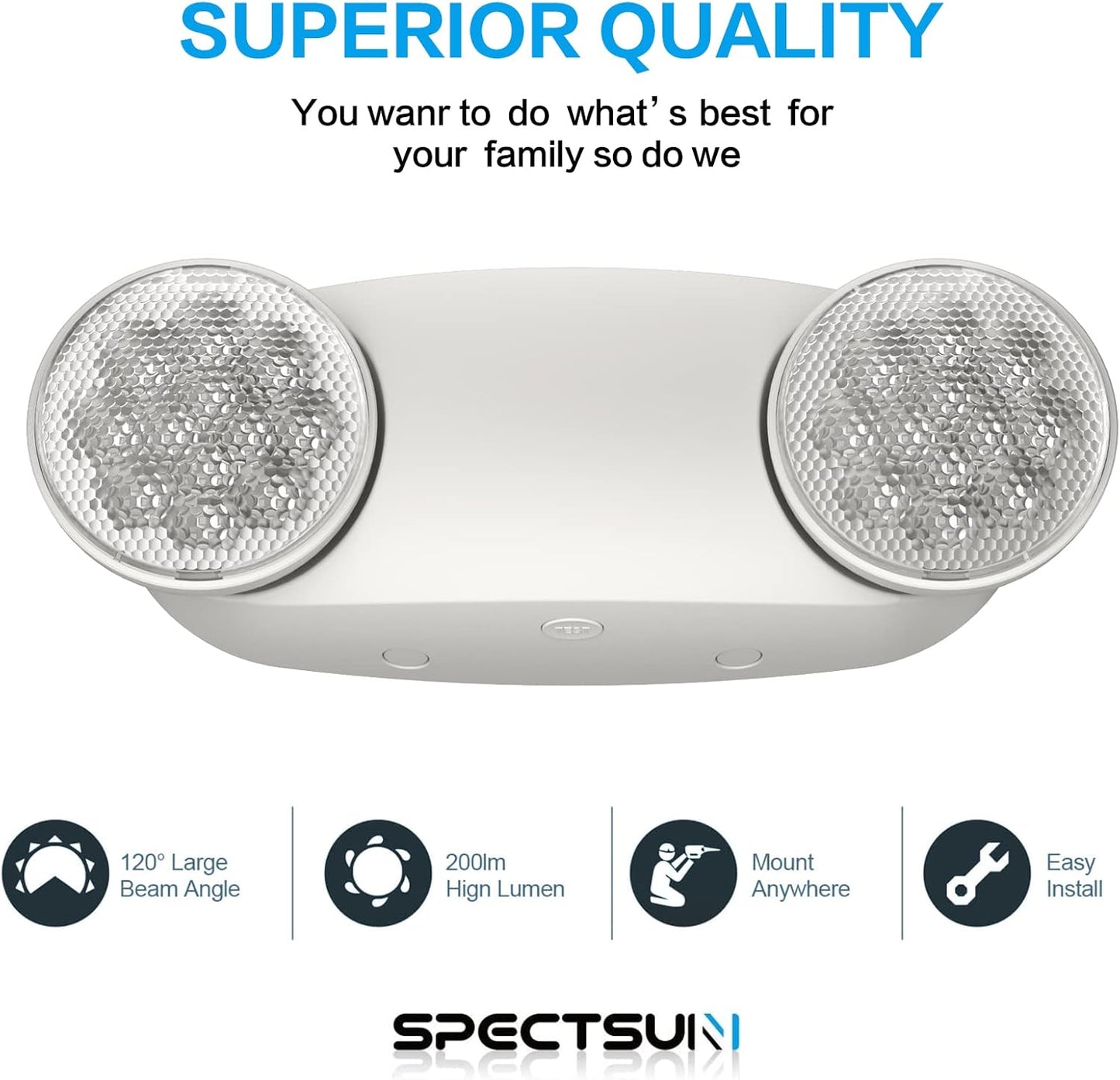 SPECTSUN 18 Pack White LED Emergency Lights with Battery Backup-UL Listed Two Head Adjustable Emergency Lighting Fixtures - 120-277V AC-Exit Sign Lights (18 Packs-U5)