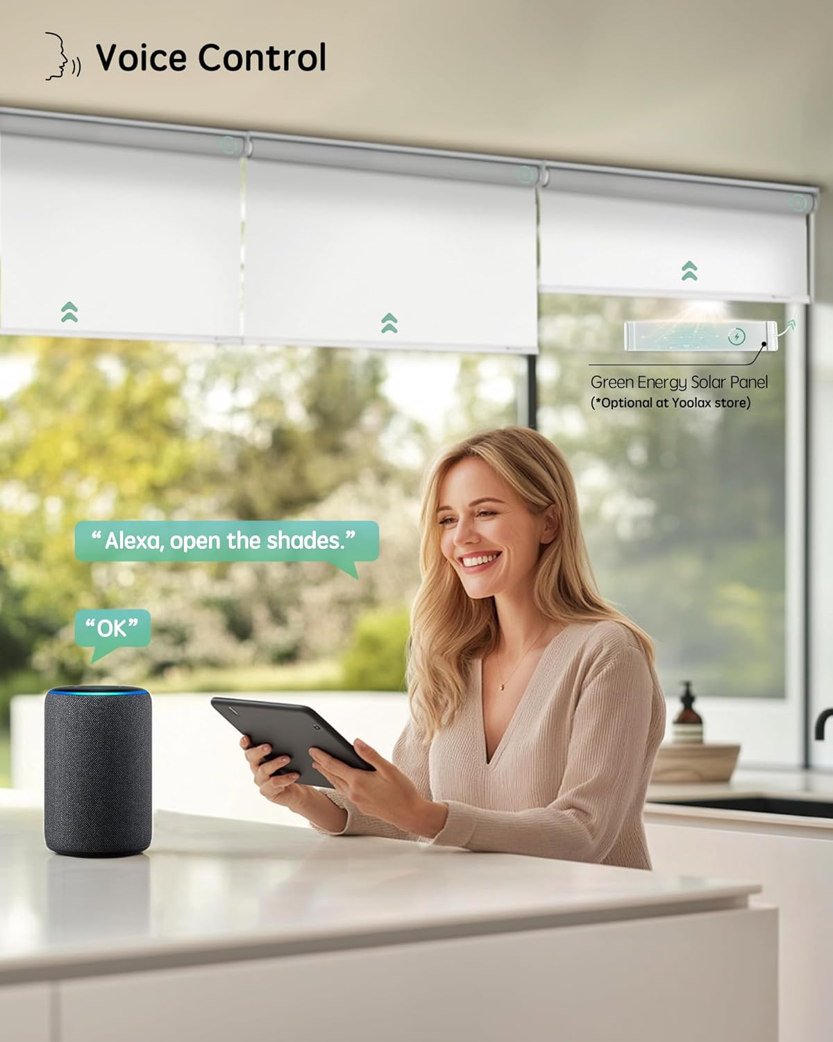 Yoolax Motorized Blinds with Remote, Blackout Smart Blinds for Windows Motorized Roller Shades, Automatic Window Shades Work with Alexa Custom Size (Blackout-Fabric White)